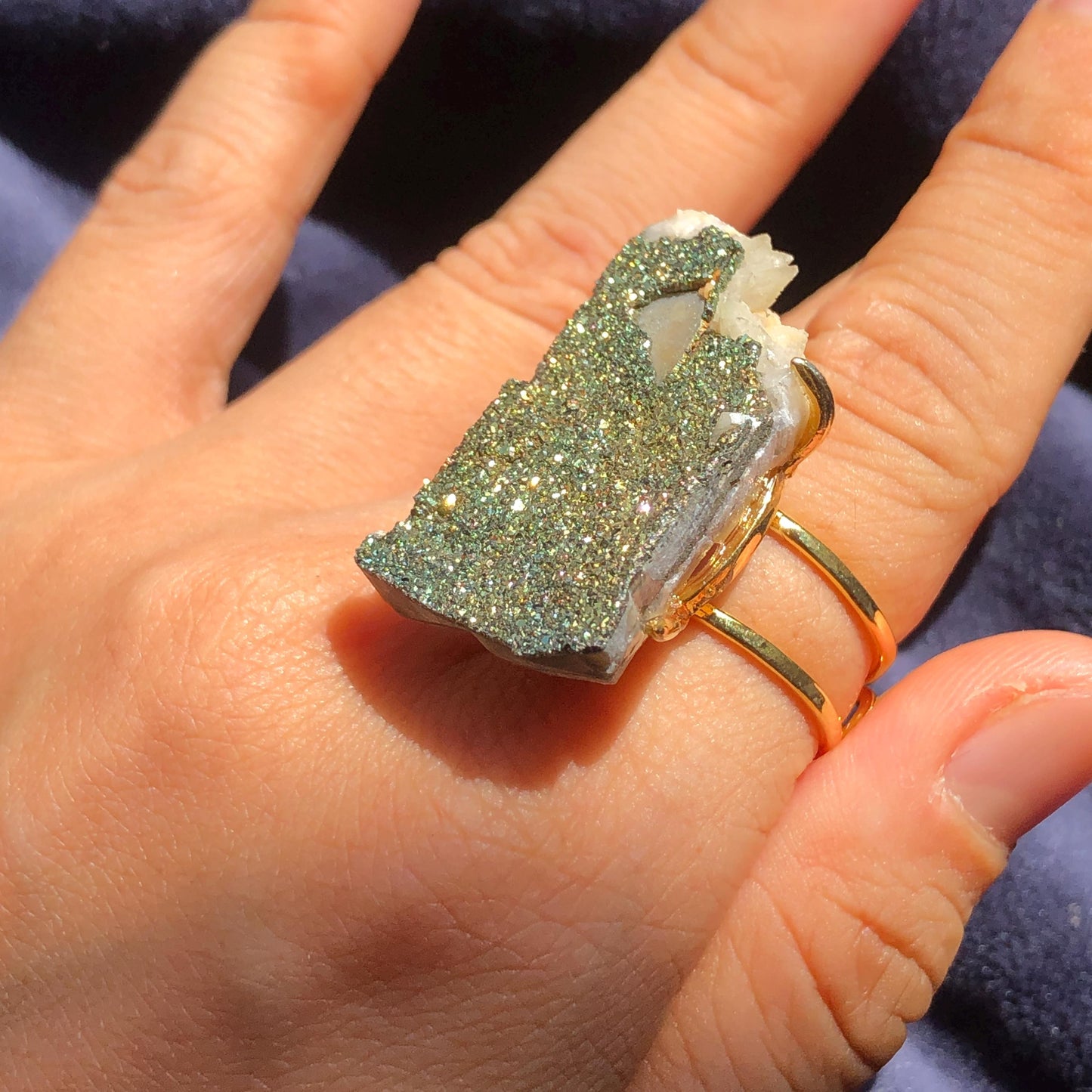 Raw Rainbow Pyrite & Calcite Ring, Raw Stone Ring, Sparky Big Raw Crystal Ring, Large Statement Ring men women, Chunky Irregular Stone Ring Gift, Huge Crystal Ring, Shiny Crystal Ring, Large Cocktail Ring, gold-plated copper ring, abundance stone