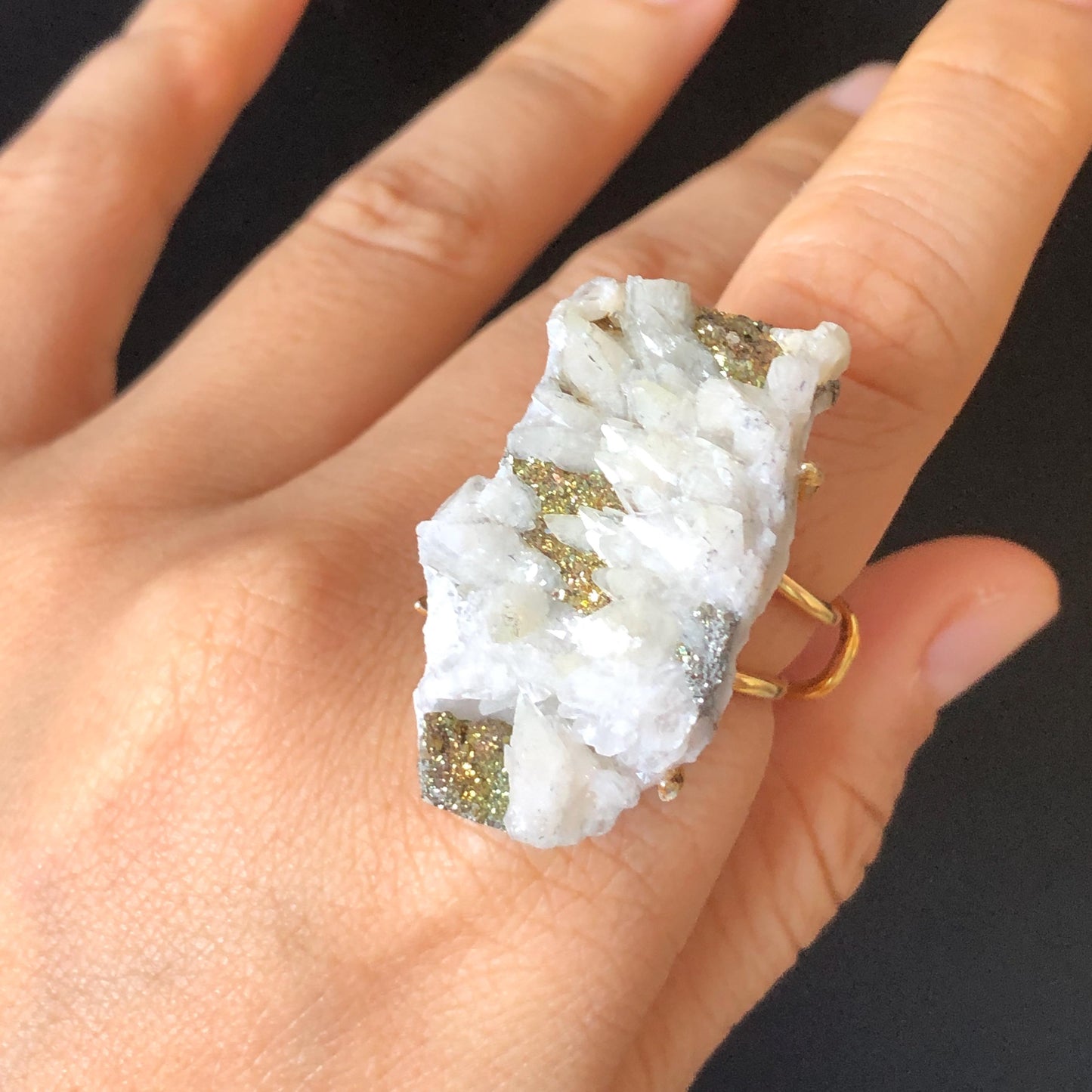 Raw Rainbow Pyrite & Calcite Ring, Raw Stone Ring, Sparky Big Raw Crystal Ring, Large Statement Ring men women, Chunky Irregular Stone Ring Gift, Huge Crystal Ring, Shiny Crystal Ring, Large Cocktail Ring, gold-plated copper ring, abundance stone