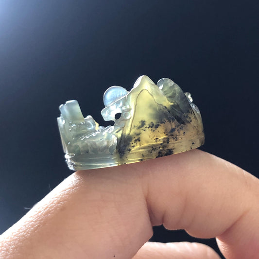 Natural Xiu Jade Serpentine Carved Countryside Landscape Ring | 17.4mm (US 7-7.5) | Icy Greenish Blue & Yellow | Chinese Ink brush painting