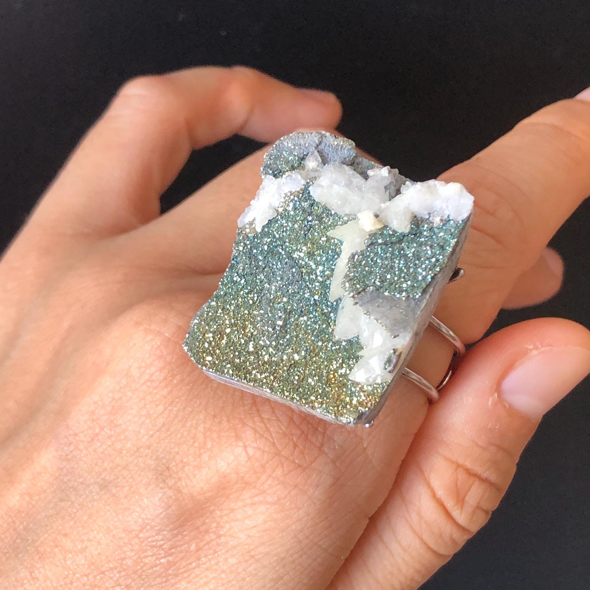 Raw Rainbow Pyrite & Calcite Ring, Raw Stone Ring, Sparky Big Raw Crystal Ring, Large Statement Ring men women, Chunky Irregular Stone Ring Gift, Huge Crystal Ring, Shiny Crystal Ring, Large Cocktail Ring, silver-plated copper ring, abundance stone