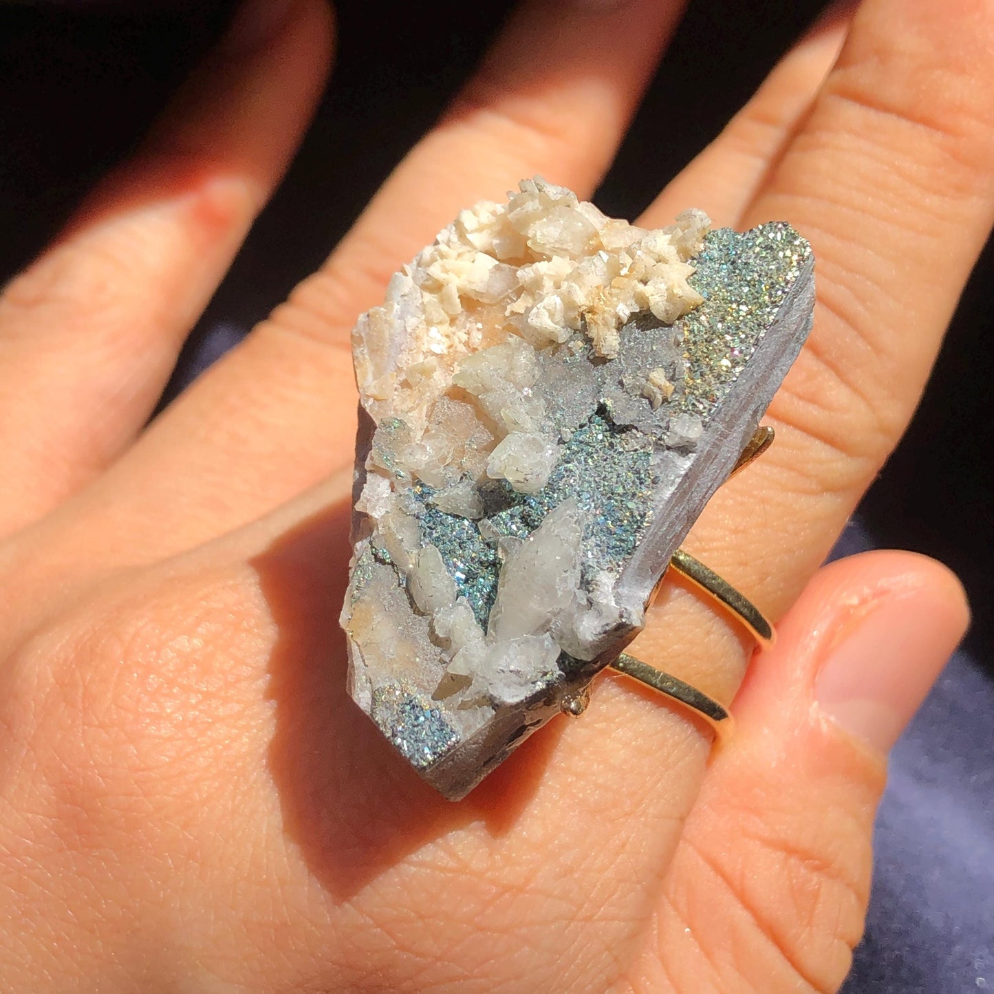 Raw Rainbow Pyrite & Calcite Ring, Raw Stone Ring, Big Raw Crystal Ring, Large Statement Ring men women, Chunky Irregular Stone Ring Gift, Huge Crystal Ring, Shiny Crystal Ring, Large Cocktail Ring, silver-plated copper ring, abundance stone