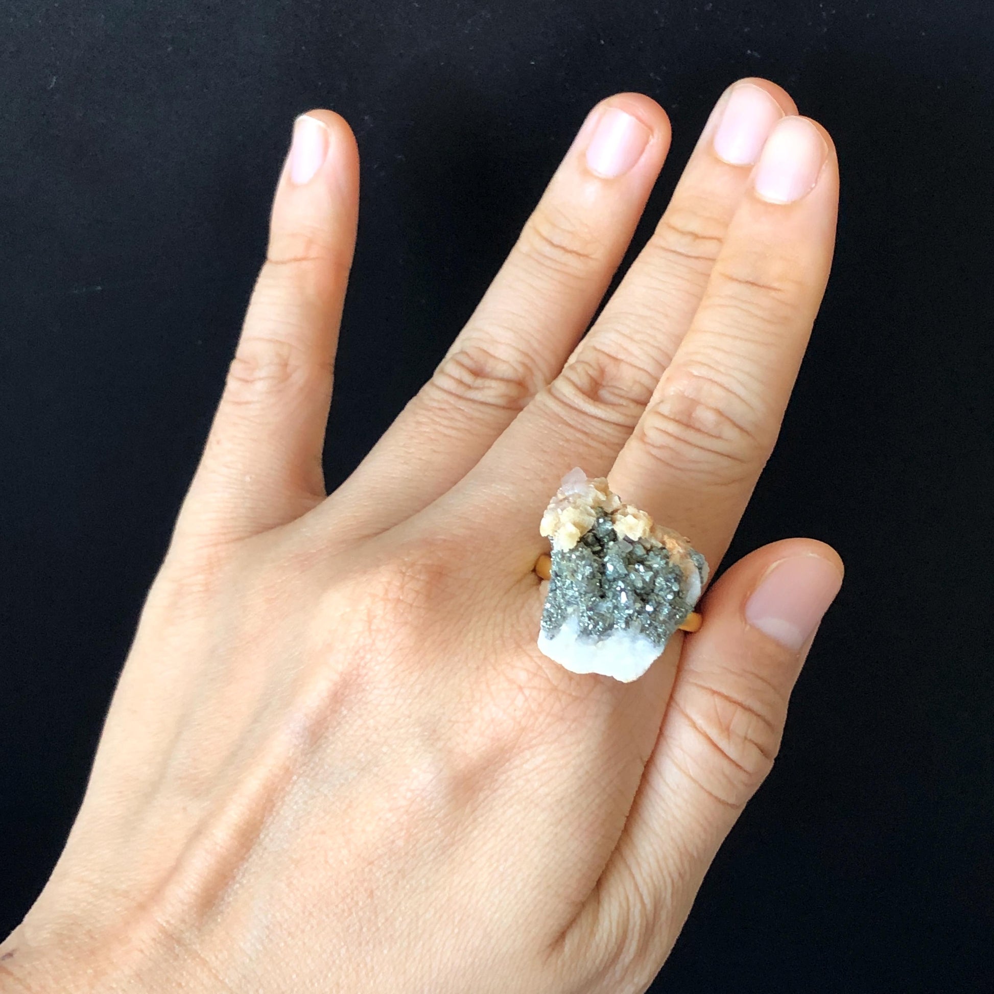 Raw Pyrite Ring with Calcite & Dolomite, Raw Stone Ring, Raw Crystal Ring, Large Statement Ring, Irregular Chunky gemstone ring, Raw mineral ring, 18k gold-plated copper ring, Crystal Band Ring, large cocktail ring, adjustable gemstone ring