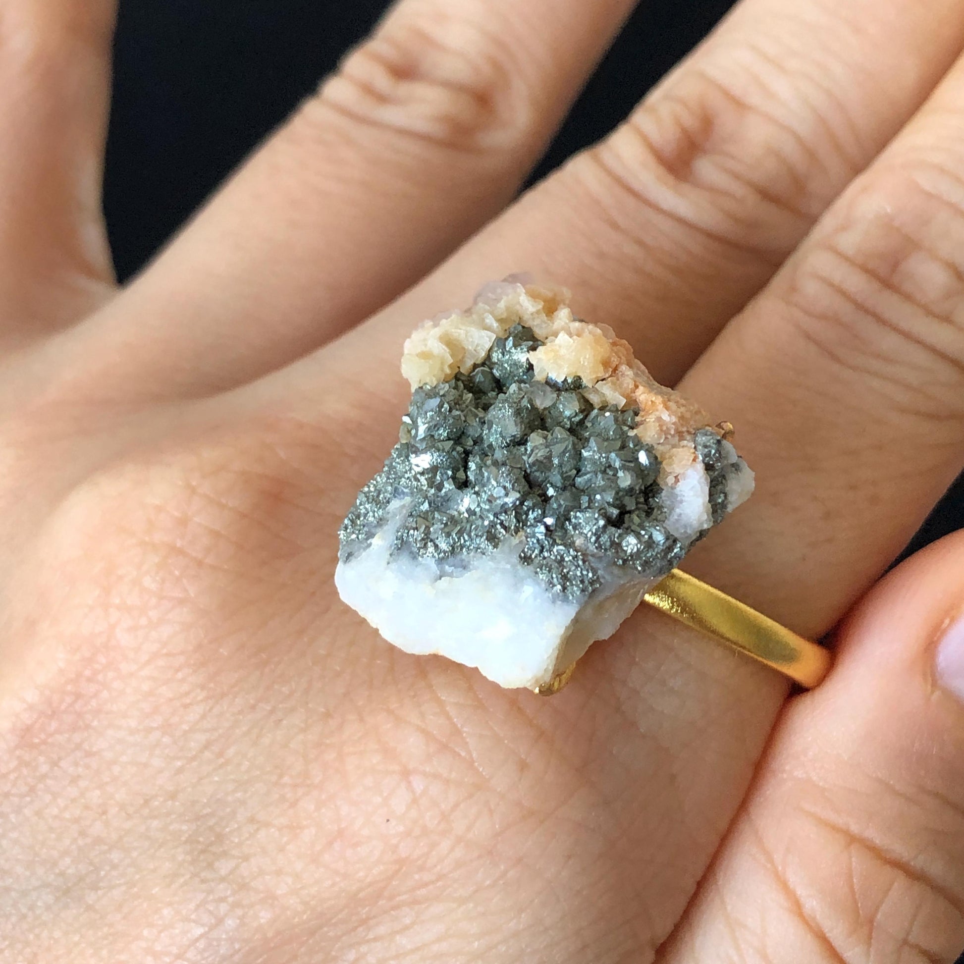 Raw Pyrite Ring with Calcite & Dolomite, Raw Stone Ring, Raw Crystal Ring, Large Statement Ring, Irregular Chunky gemstone ring, Raw mineral ring, 18k gold-plated copper ring, Crystal Band Ring, large cocktail ring, adjustable gemstone ring