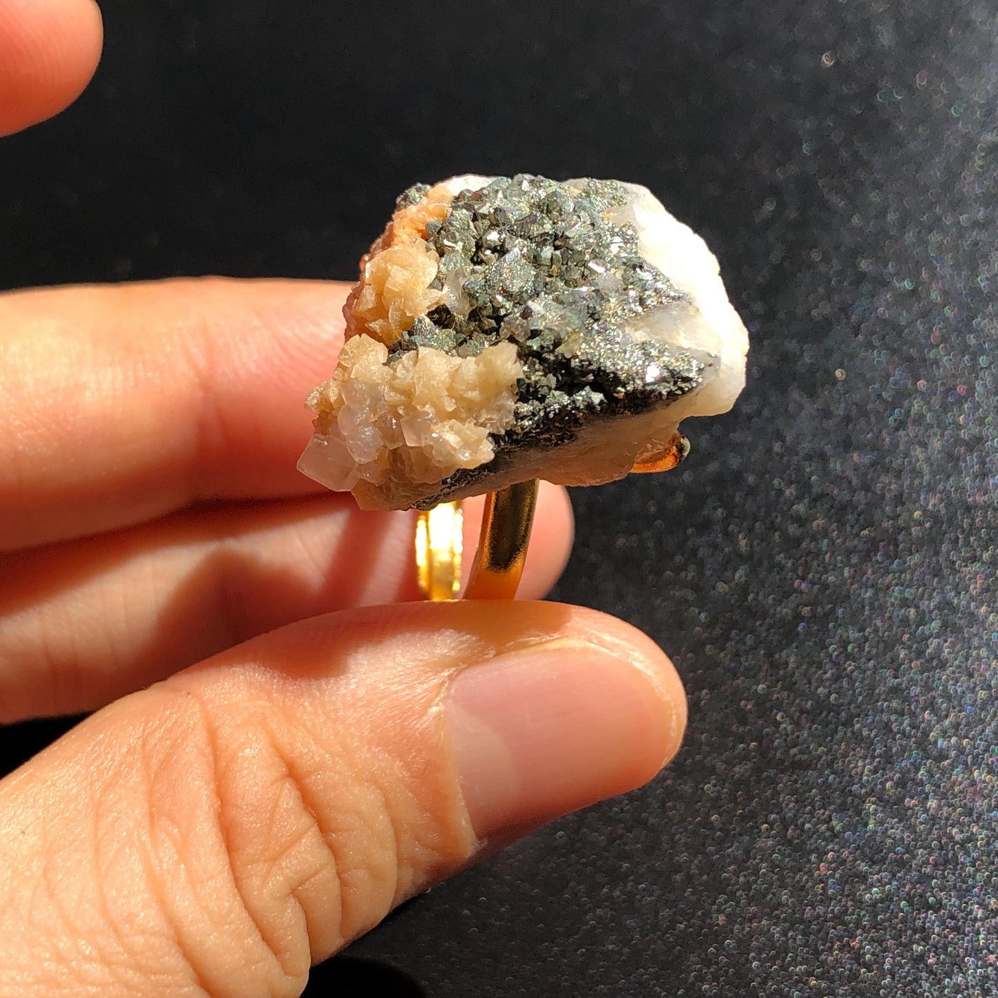 Raw Pyrite Ring with Calcite & Dolomite, Raw Stone Ring, Raw Crystal Ring, Large Statement Ring, Irregular Chunky gemstone ring, Raw mineral ring, 18k gold-plated copper ring, Crystal Band Ring, large cocktail ring, adjustable gemstone ring