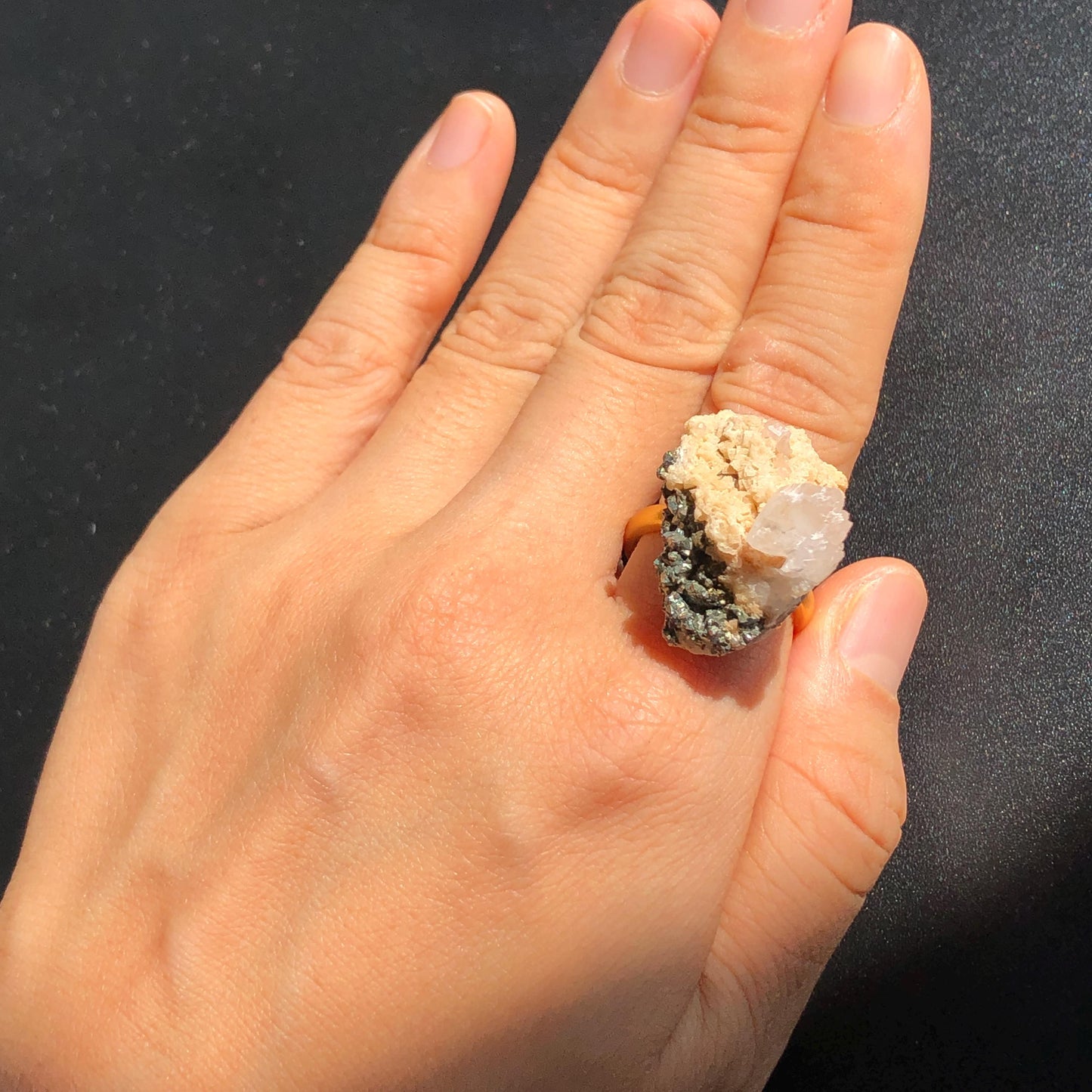 Raw Pyrite Ring with Calcite & Dolomite, Raw Stone Ring, Raw Crystal Ring, Large Statement Ring, Irregular Chunky gemstone ring, Raw mineral ring, 18k gold-plated copper ring, Crystal Band Ring, large cocktail ring, adjustable gemstone ring