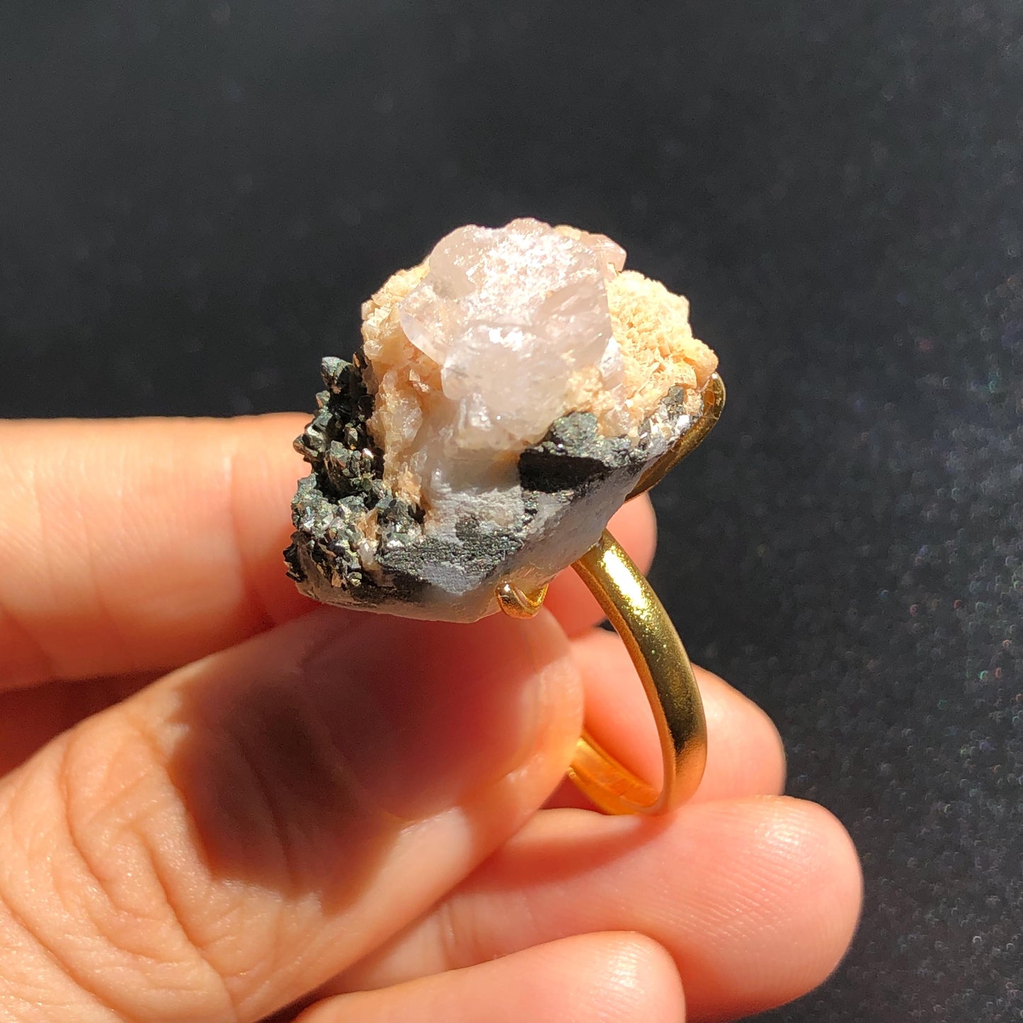 Raw Pyrite Ring with Calcite & Dolomite, Raw Stone Ring, Raw Crystal Ring, Large Statement Ring, Irregular Chunky gemstone ring, Raw mineral ring, 18k gold-plated copper ring, Crystal Band Ring, large cocktail ring, adjustable gemstone ring