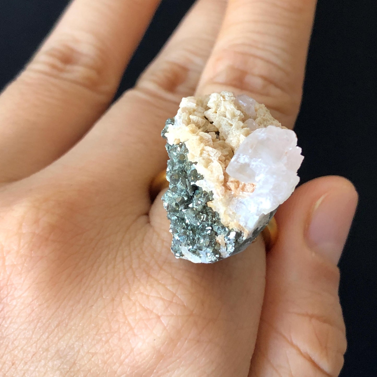 Raw Pyrite Ring with Calcite & Dolomite, Raw Stone Ring, Raw Crystal Ring, Large Statement Ring, Irregular Chunky gemstone ring, Raw mineral ring, 18k gold-plated copper ring, Crystal Band Ring, large cocktail ring, adjustable gemstone ring