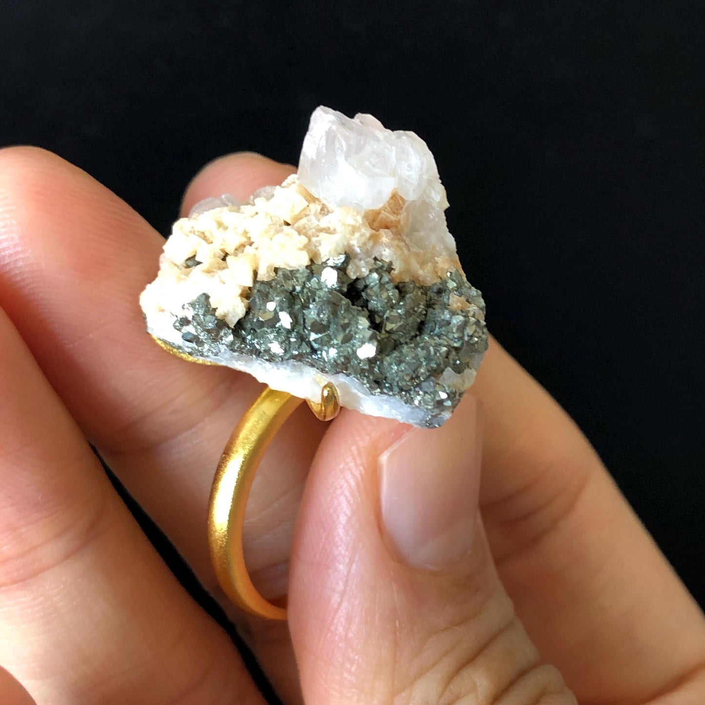 Raw Pyrite Ring with Calcite & Dolomite, Raw Stone Ring, Raw Crystal Ring, Large Statement Ring, Irregular Chunky gemstone ring, Raw mineral ring, 18k gold-plated copper ring, Crystal Band Ring, large cocktail ring, adjustable gemstone ring