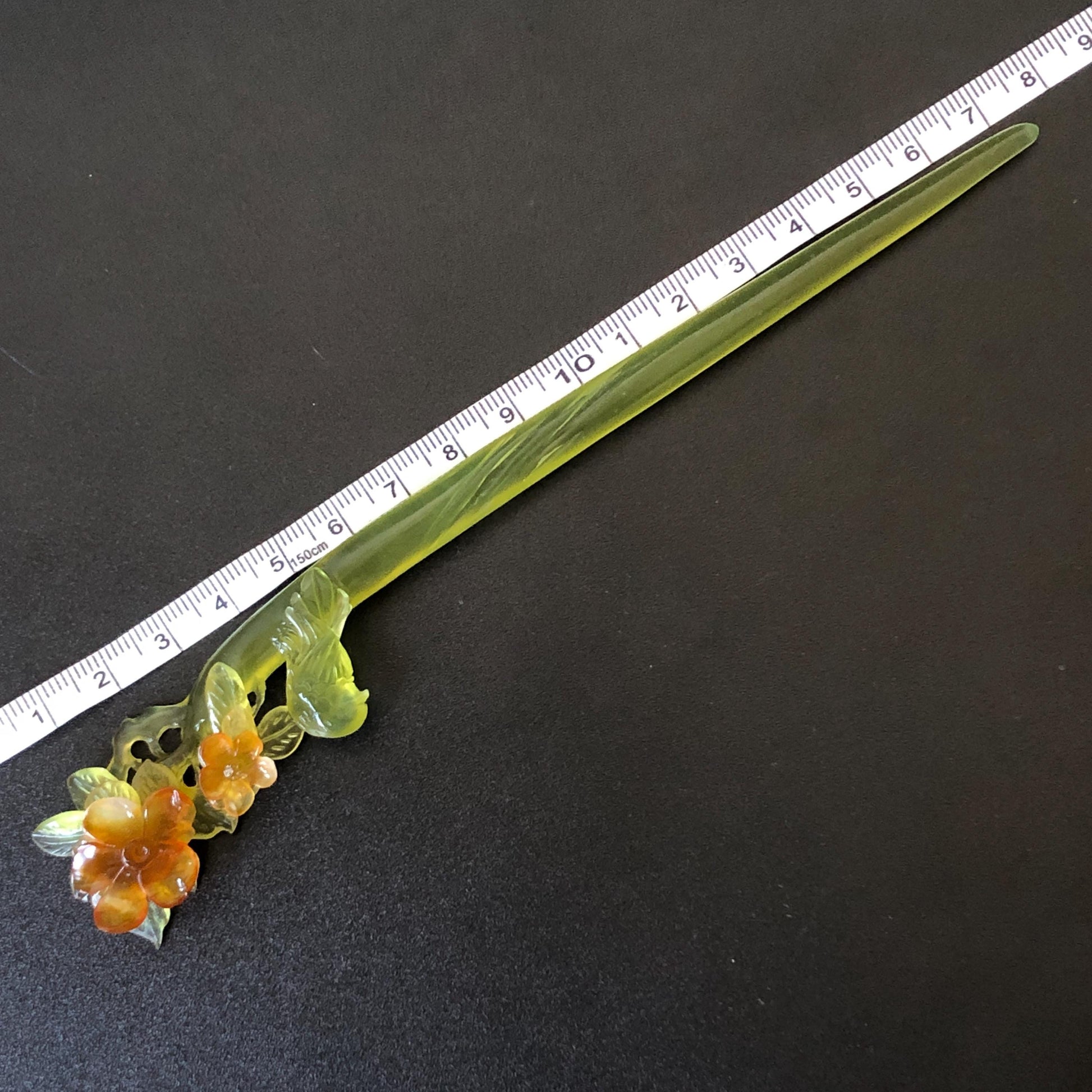 Certificate Natural Xiu Jade (Serpentine) Hand Carved Green Bird & Orange Flower Hair Pin | Jade Hair Stick | Asian Chinese Vintage Style