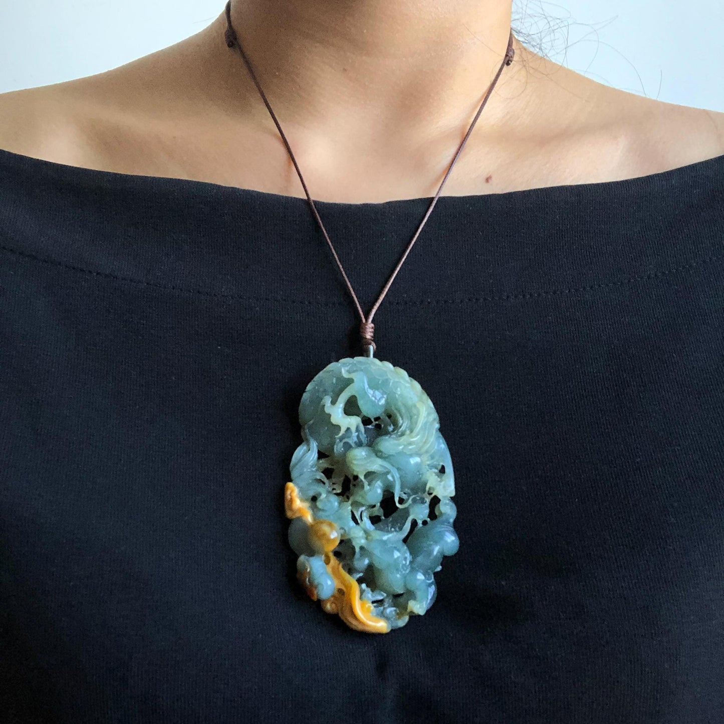 Certificate Natural Xiu Jade (Serpentine) Hand Dragon and Pixiu Pendant Adjustable Necklace Choker | Greenish Blue Yellow | Power & Wealth