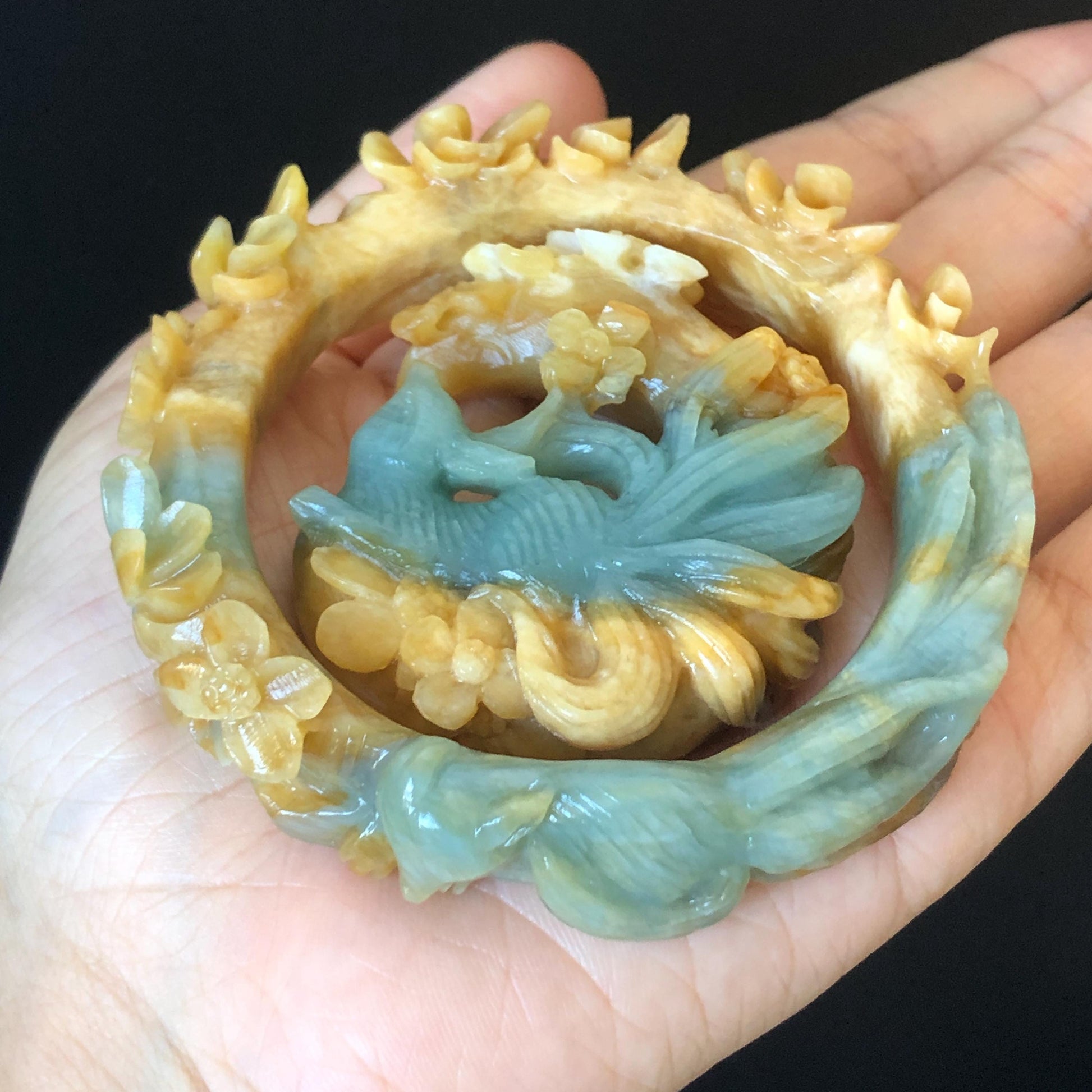 54.9mm Certificated Natural Xiu Jade Serpentine Hand Carved Nine-tailed fox with moon & flower bangle and pendant set | Custom Size Bracelet