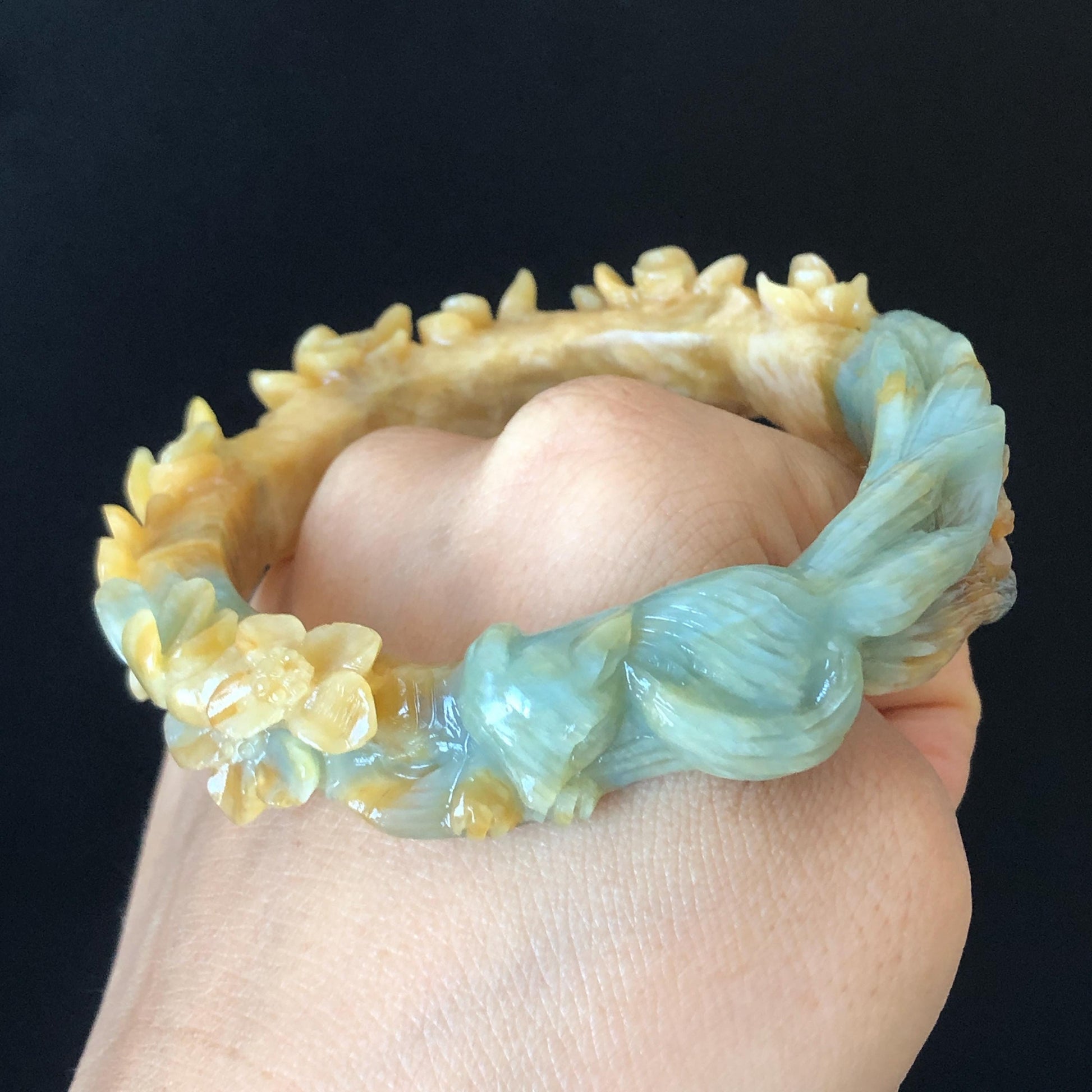 54.9mm Certificated Natural Xiu Jade Serpentine Hand Carved Nine-tailed fox with moon & flower bangle and pendant set | Custom Size Bracelet