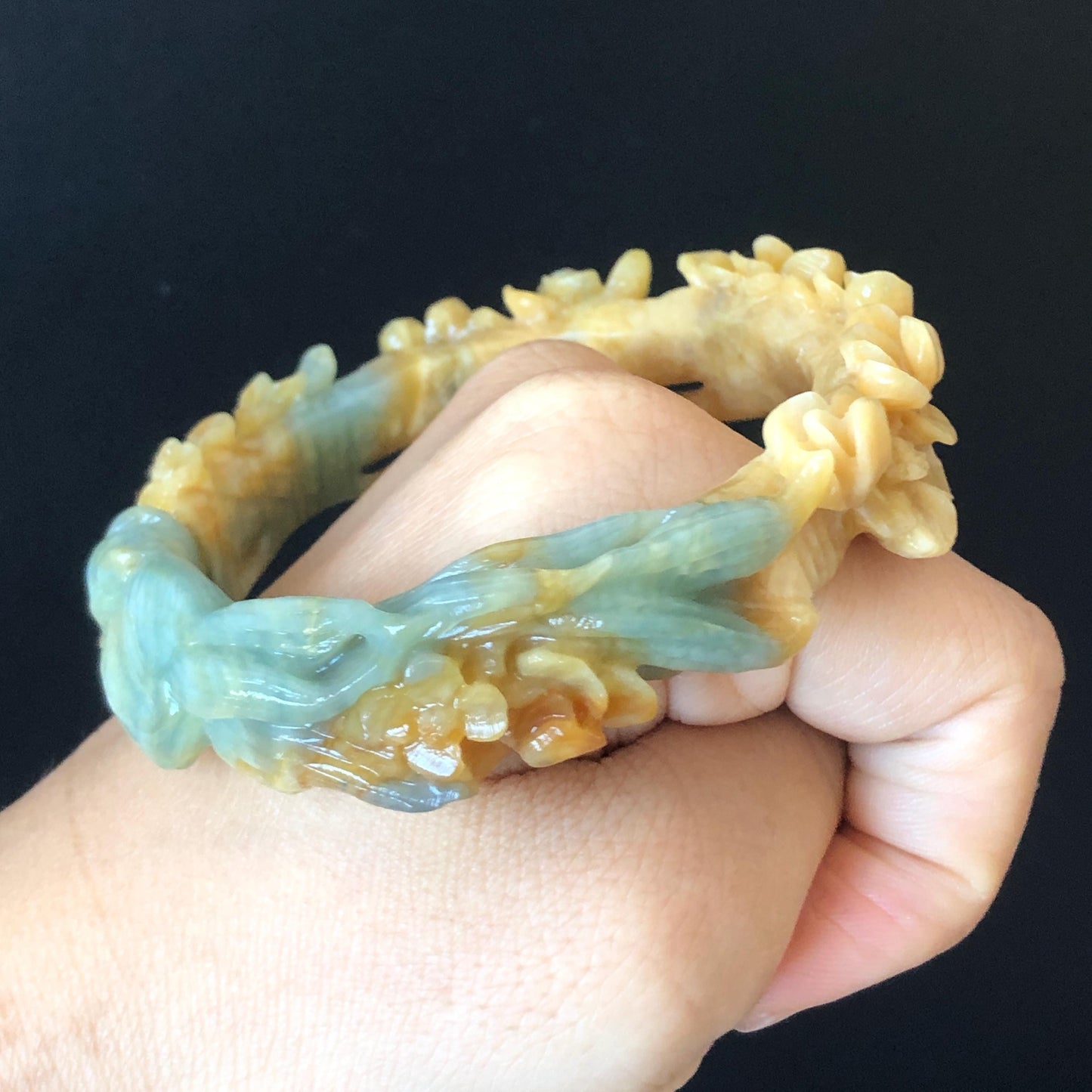 54.9mm Certificated Natural Xiu Jade Serpentine Hand Carved Nine-tailed fox with moon & flower bangle and pendant set | Custom Size Bracelet