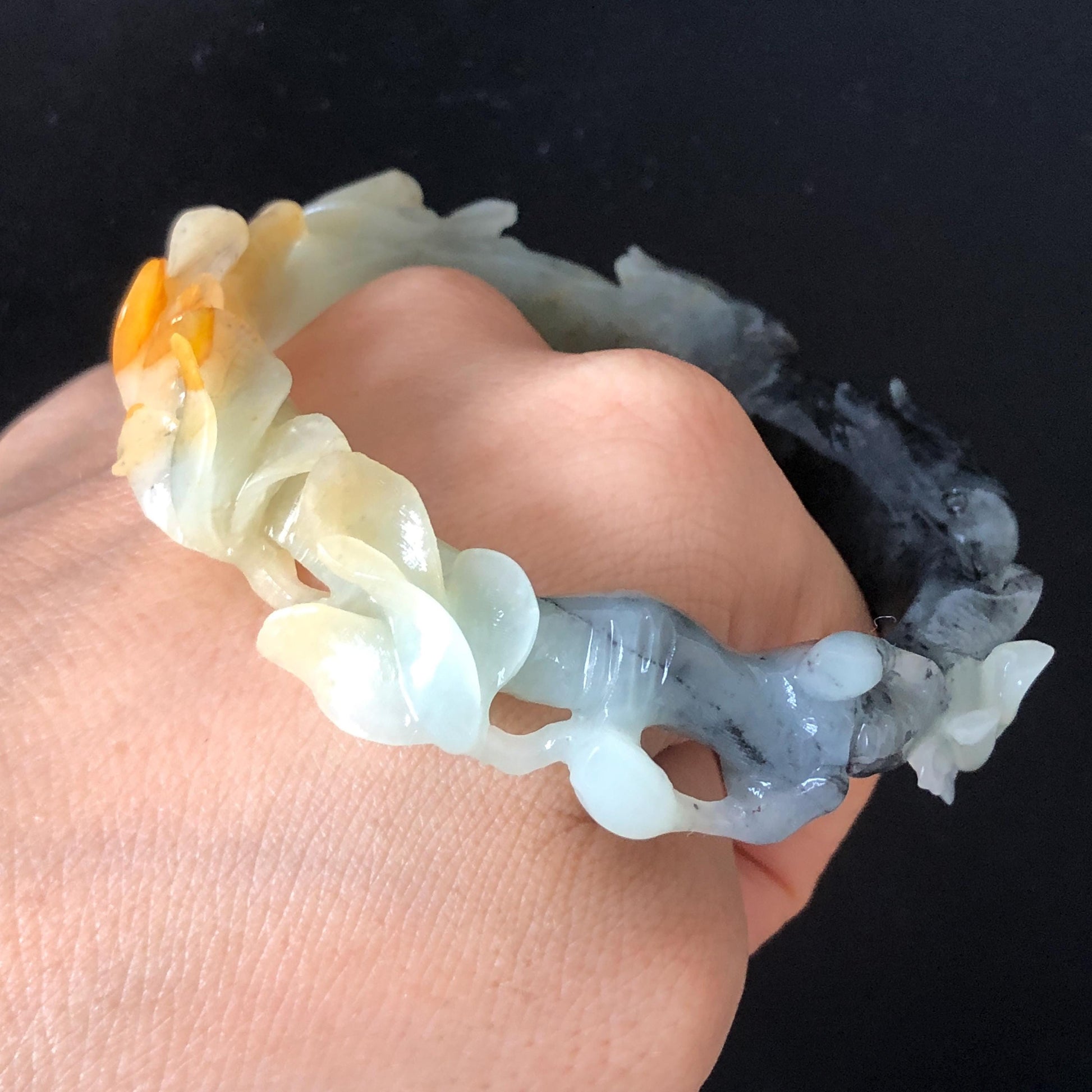 Certificate 54.5mm Natural Xiu Jade (Serpentine) Hand Carved Black Rabbit Bunny with Flower Bangle Bracelet | Green Blue, Yellow, Black