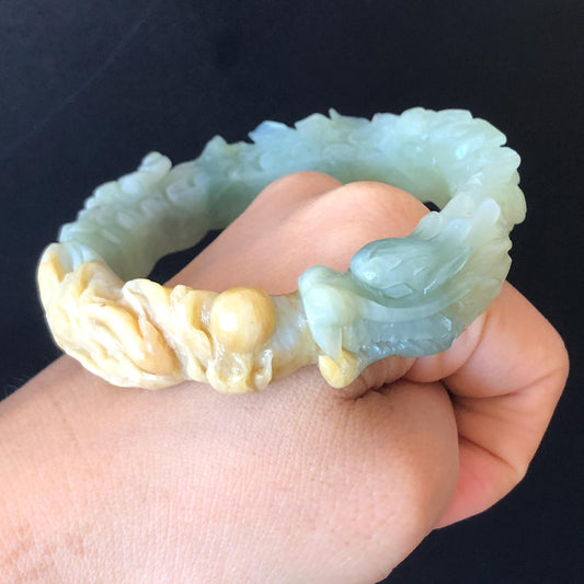 55.6mm Certificated Natural Xiu Jade Serpentine Hand Craved Dragon Bangle | Rise from Sea to Sky | Fire Ball | Accept Customized Order