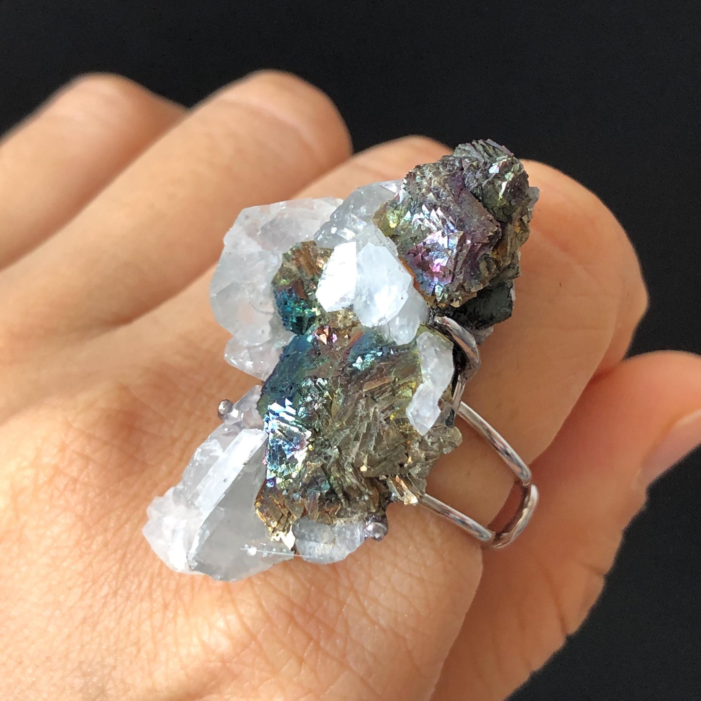 Raw Rainbow Chalcopyrite Calcite Crystal Ring, Large Raw Stone Ring Big Crystal Ring, Chunky Irregular ring gift, Oversized gemstone Jewelry, silver-plated copper ring, Huge Statement ring for men and women, Birthstone ring gift for her and him