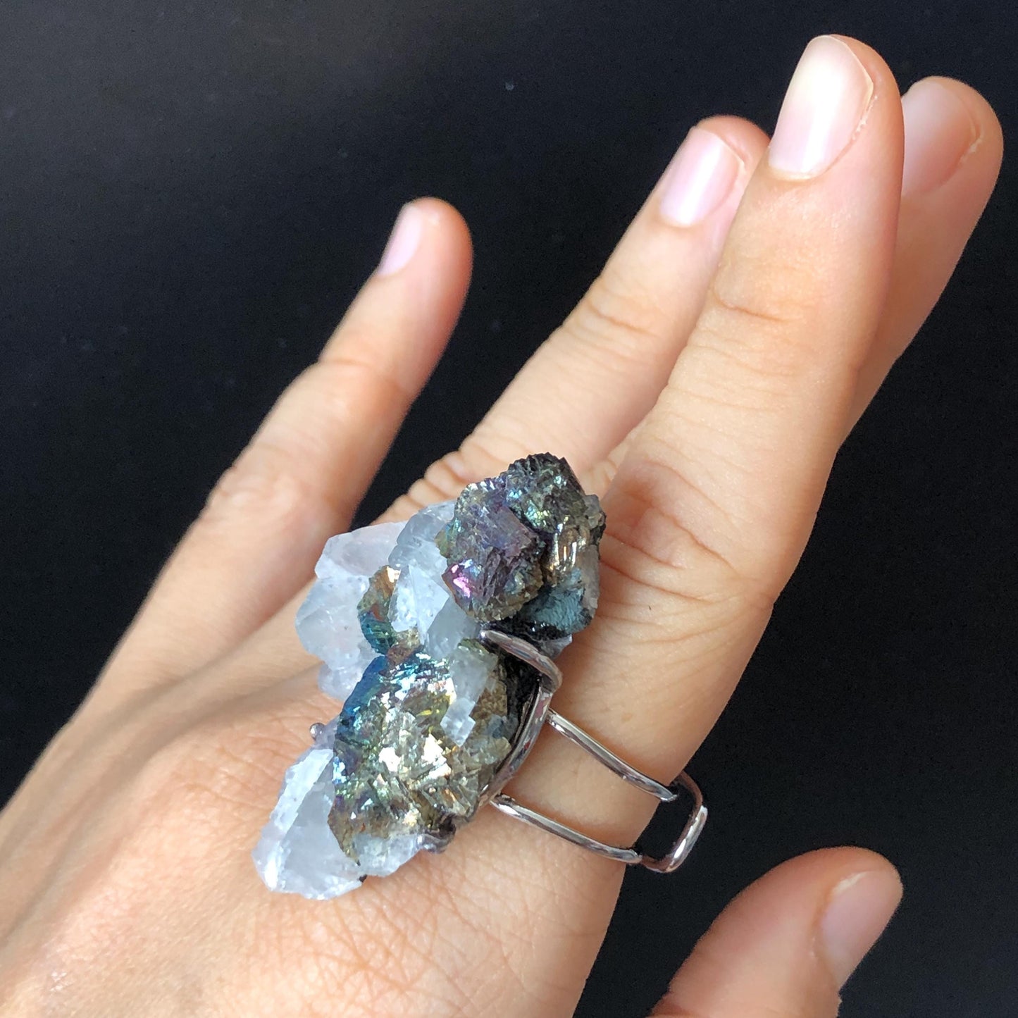 Raw Rainbow Chalcopyrite Calcite Crystal Ring, Large Raw Stone Ring Big Crystal Ring, Chunky Irregular ring gift, Oversized gemstone Jewelry, silver-plated copper ring, Huge Statement ring for men and women, Birthstone ring gift for her and him