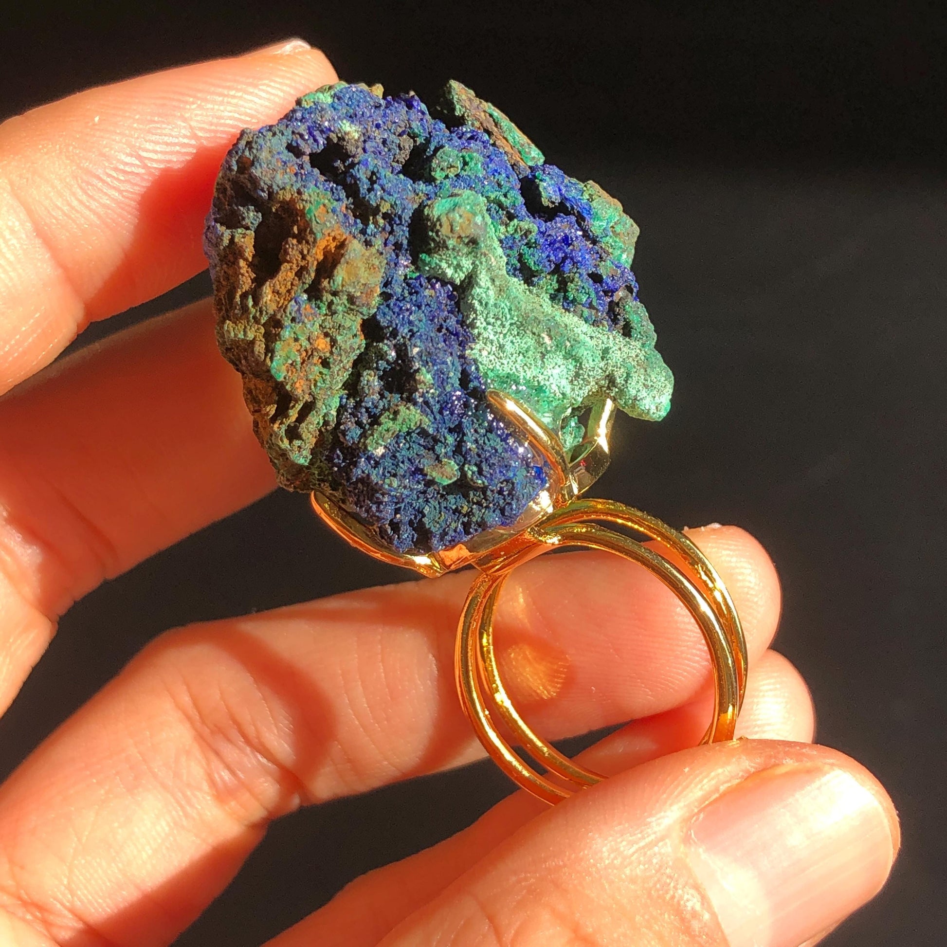 Raw Azurite Malachite Ring, Raw Stone Ring, Raw Crystal Ring, Big Statement Ring, Rough Irregular Chunky Gemstone Ring Gift for Men and Women, Sparky Shiny Crystal Ring, May Birthstone Ring, Silver Gold plated copper ring, birthday gift for her him