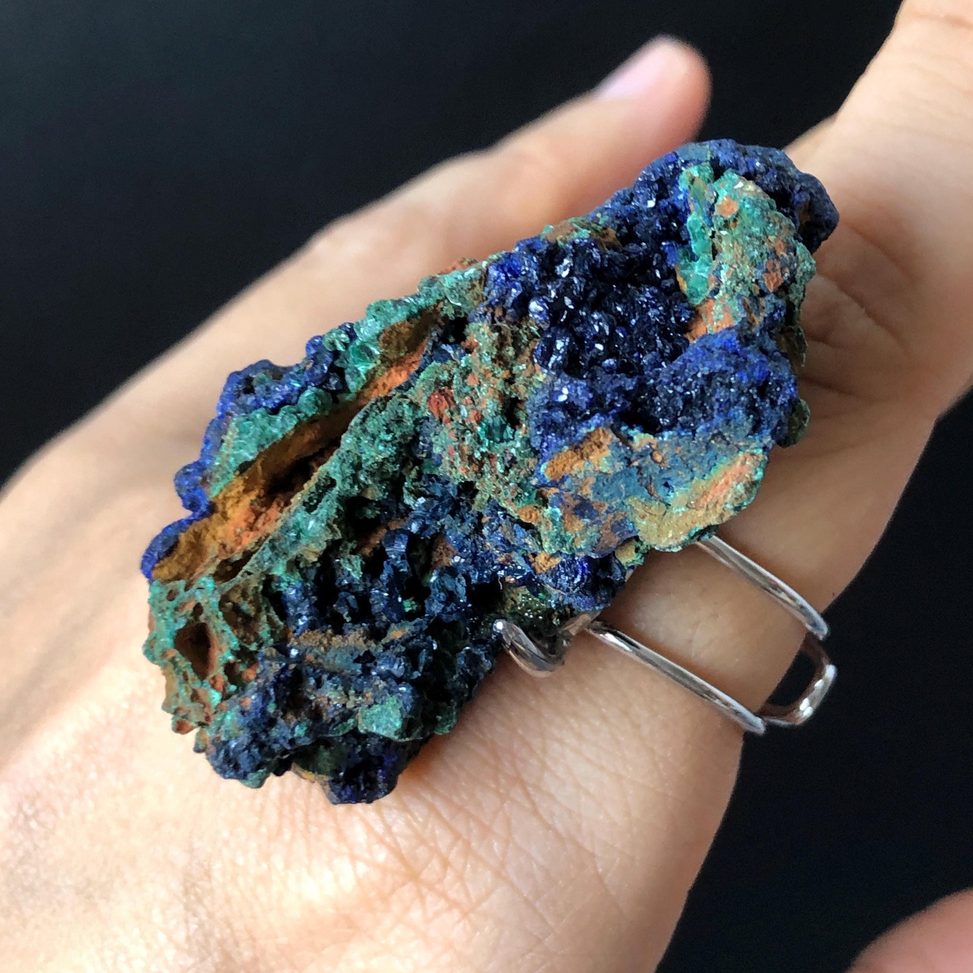 Raw Azurite Malachite Crystal Ring | The Forest | Sparkling Blue | Adjustable Statement Band Ring | Third Eye Chakra | Natural Gemstone