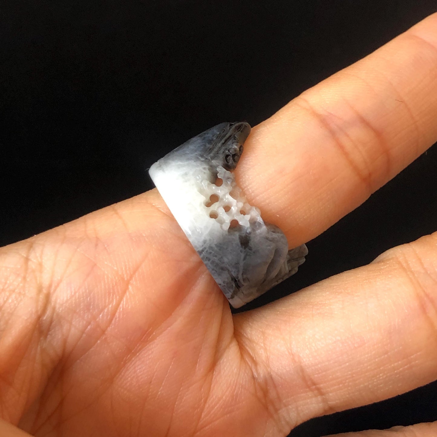 Natural Xiu Jade Serpentine Carved Countryside Landscape Ring | 17.5mm (US 7-7.5) | Black & White | Sunset and Dawn | Chinese ink painting