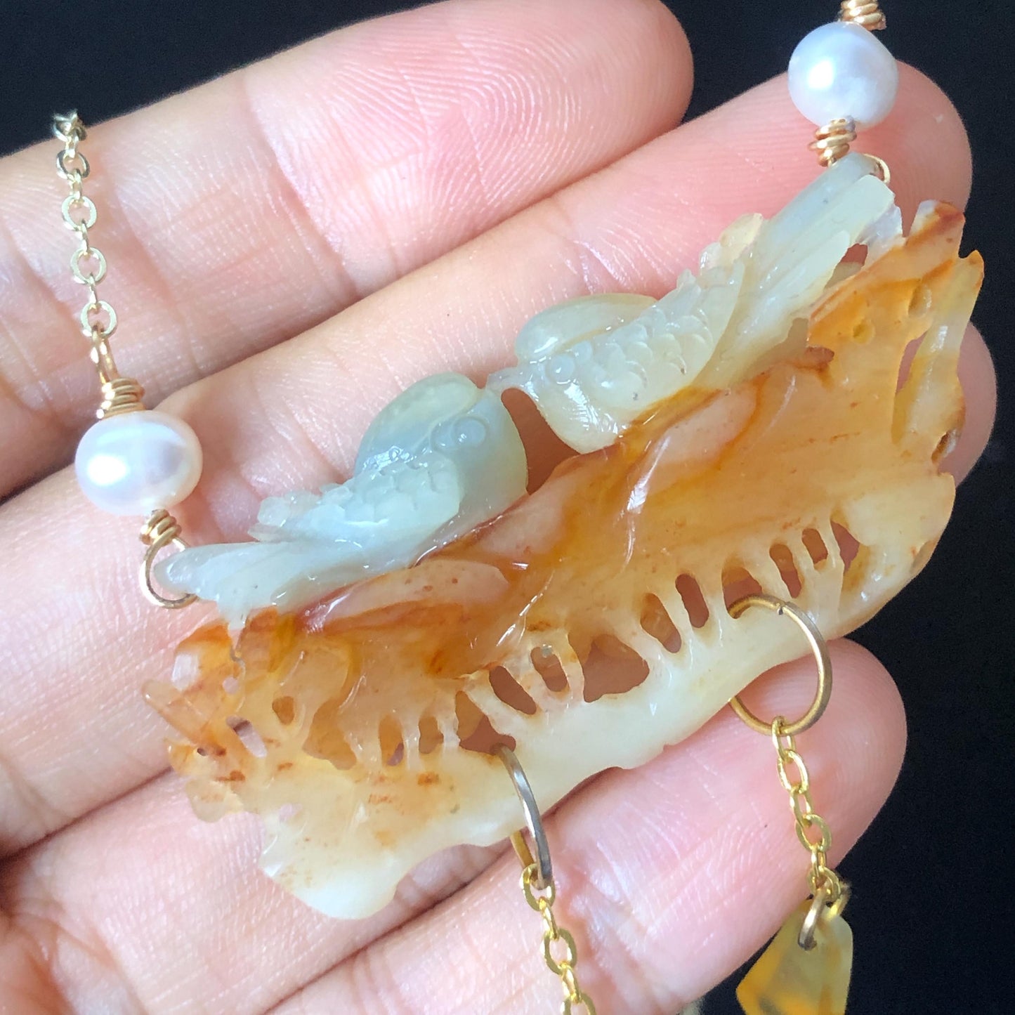 Certificate Natural Xiu Jade Serpentine Carved Magpie Birds Flower Pendant Adjustable Necklace | Freshwater Pearl | Yellow Green Caramel