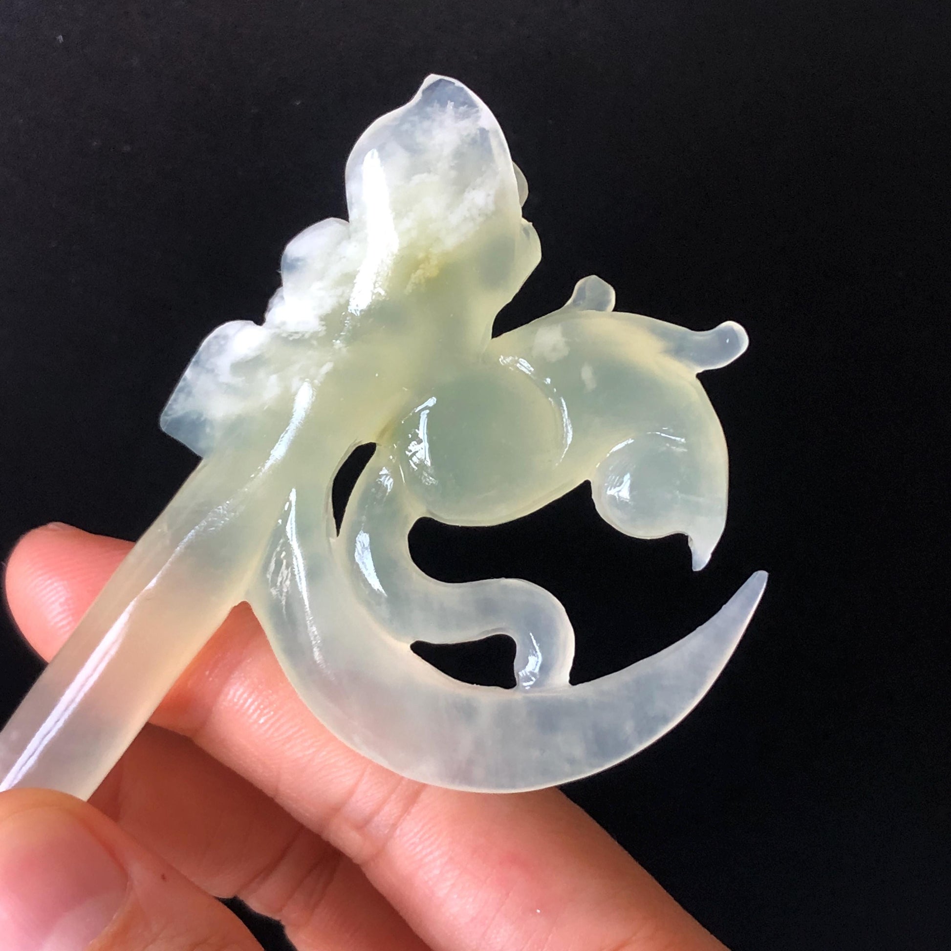 xiu jade hand carved cat on the moon hair pin