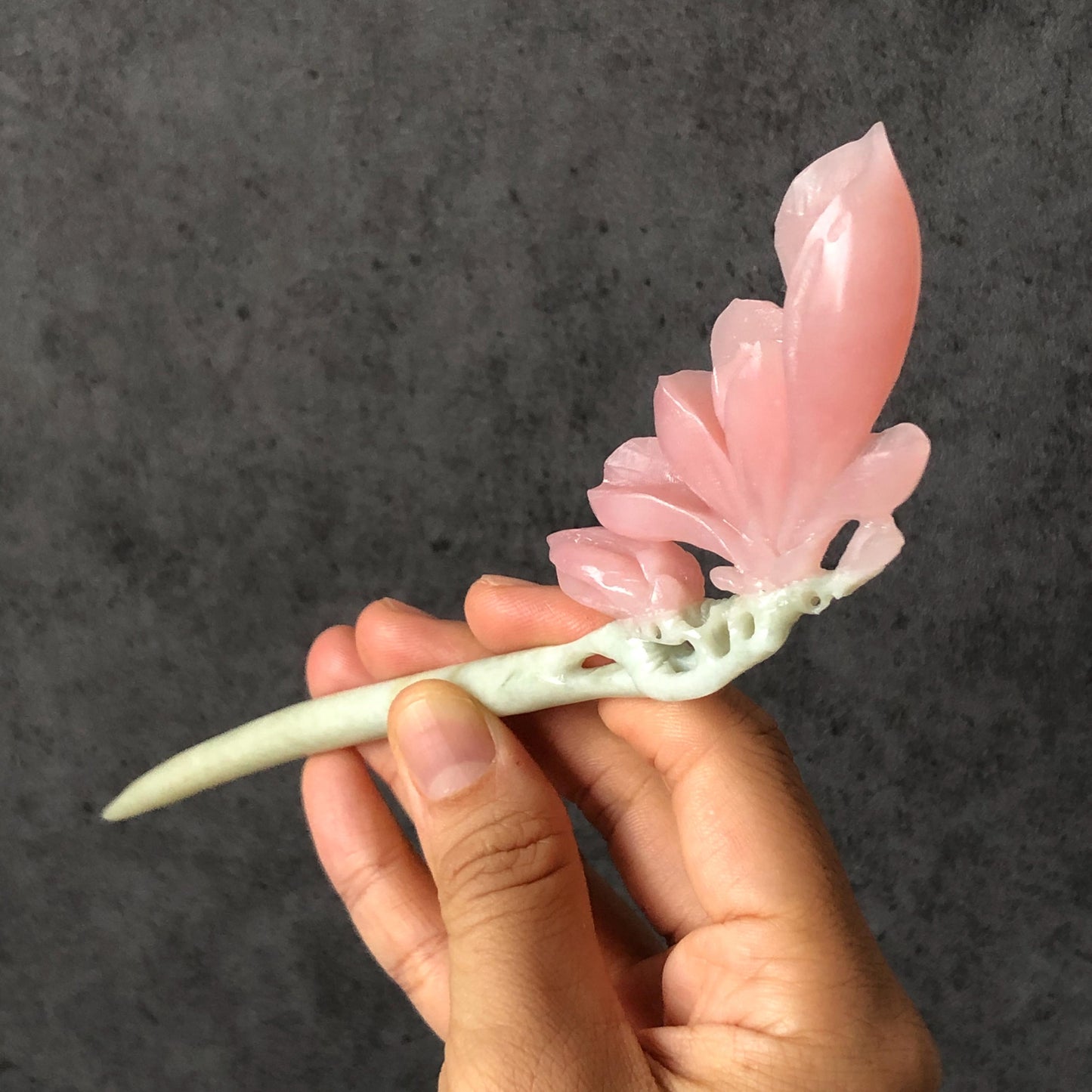 Natural Xiu Jade (Serpentine) Hand Carved Yulan Flower Hair Pin | Jade Hair Stick | Pink Green| Asian Chinses Vintage Style | Gift for her