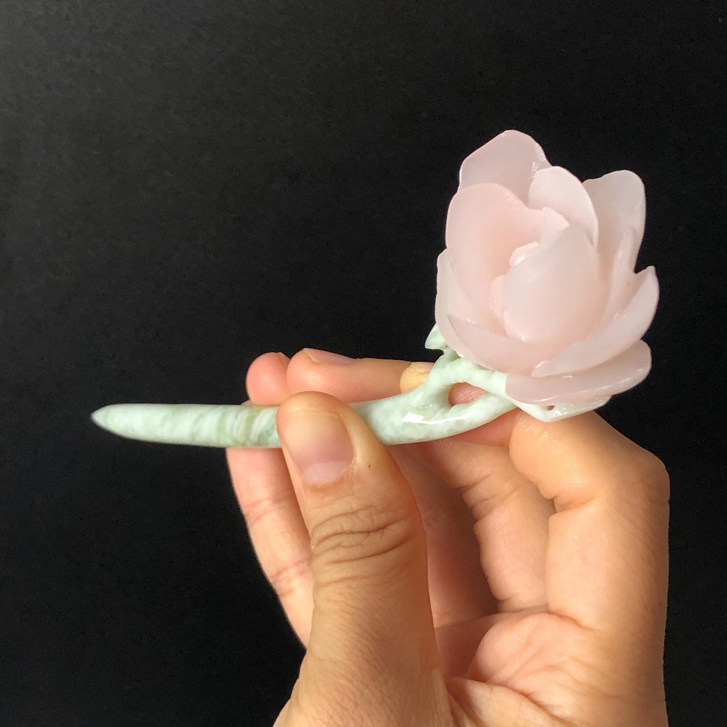 Natural Xiu Jade (Serpentine) Hand Carved Peony Flower Hair Pin | Jade Hair Stick | Pink Green | Asian Chinese Vintage Style | Gift for her