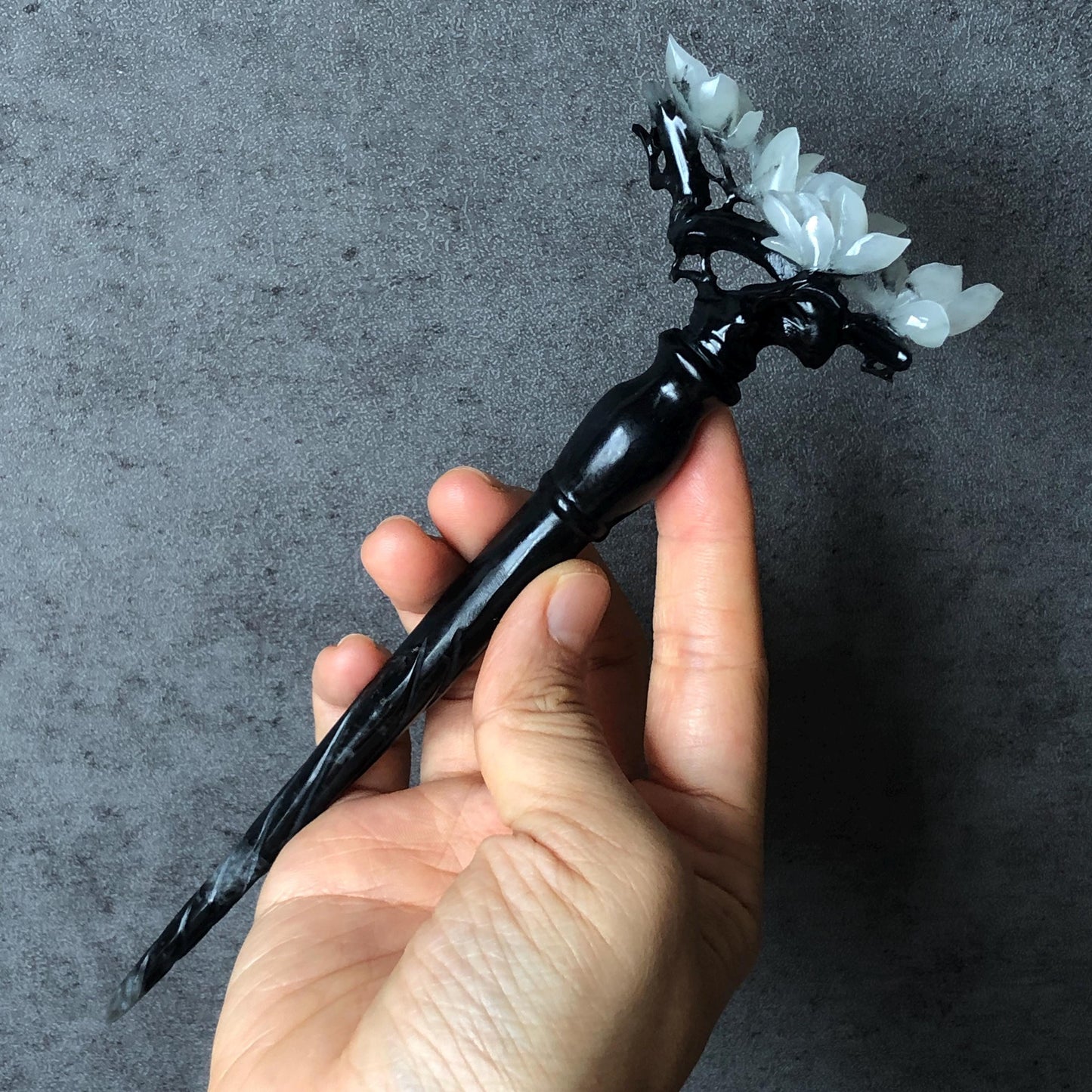 Certificate Natural Xiu Jade (Serpentine) Hand Carved Yulan Magnolia Flower Hair Pin | Jade Hair Stick | Black & White | Asian Vintage Style