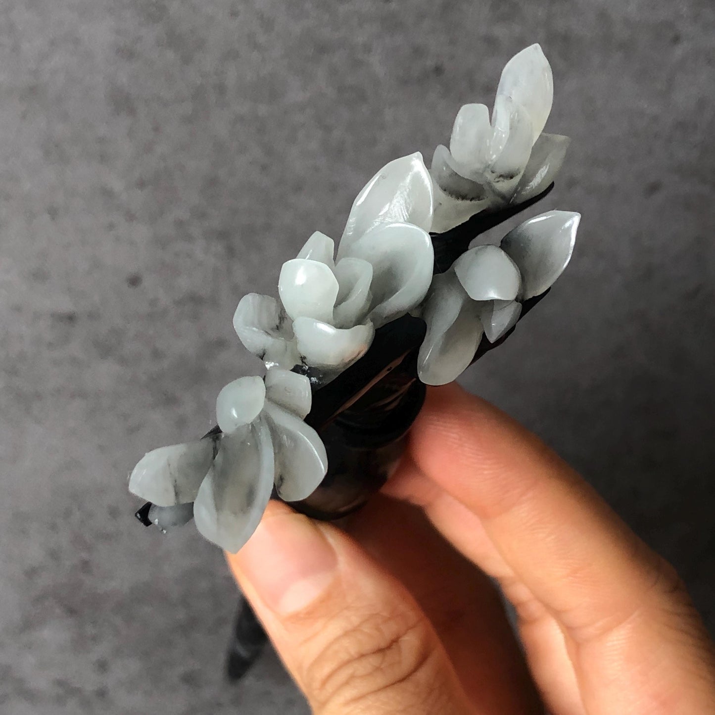 Certificate Natural Xiu Jade (Serpentine) Hand Carved Yulan Magnolia Flower Hair Pin | Jade Hair Stick | Black & White | Asian Vintage Style