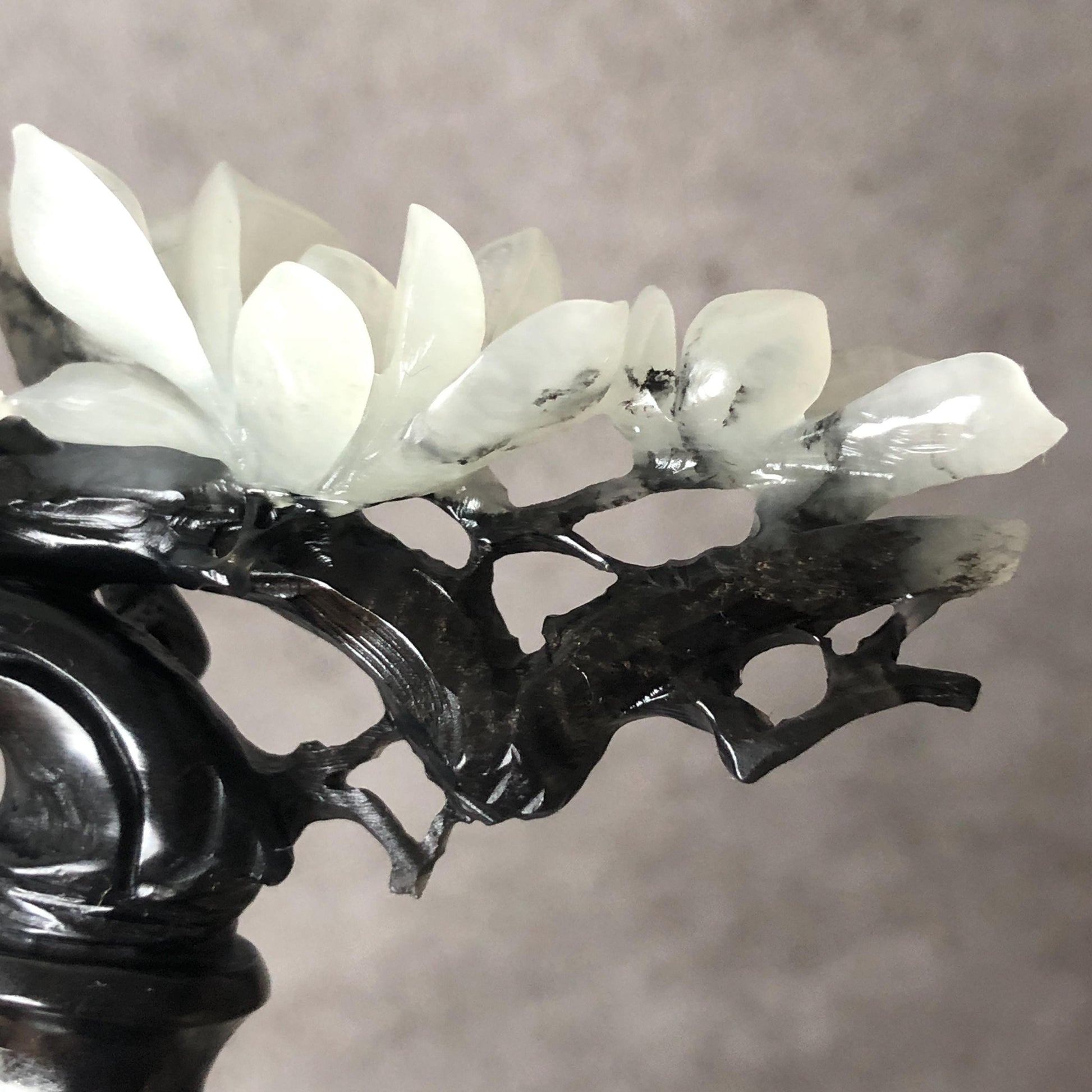 Certificate Natural Xiu Jade (Serpentine) Hand Carved Yulan Magnolia Flower Hair Pin | Jade Hair Stick | Black & White | Asian Vintage Style