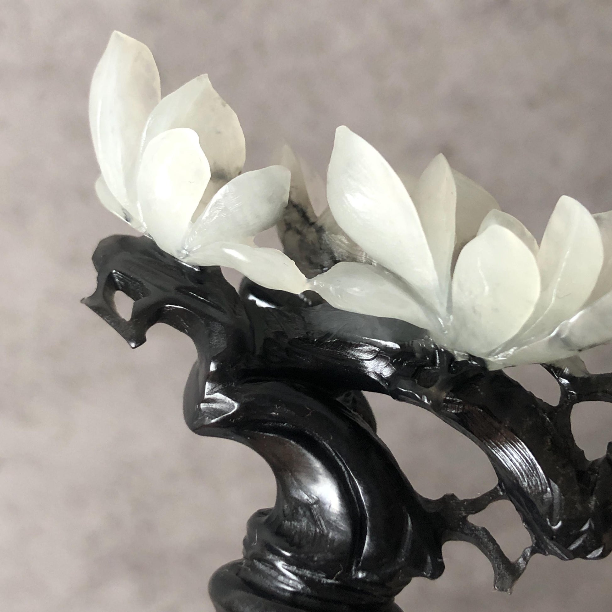 Certificate Natural Xiu Jade (Serpentine) Hand Carved Yulan Magnolia Flower Hair Pin | Jade Hair Stick | Black & White | Asian Vintage Style