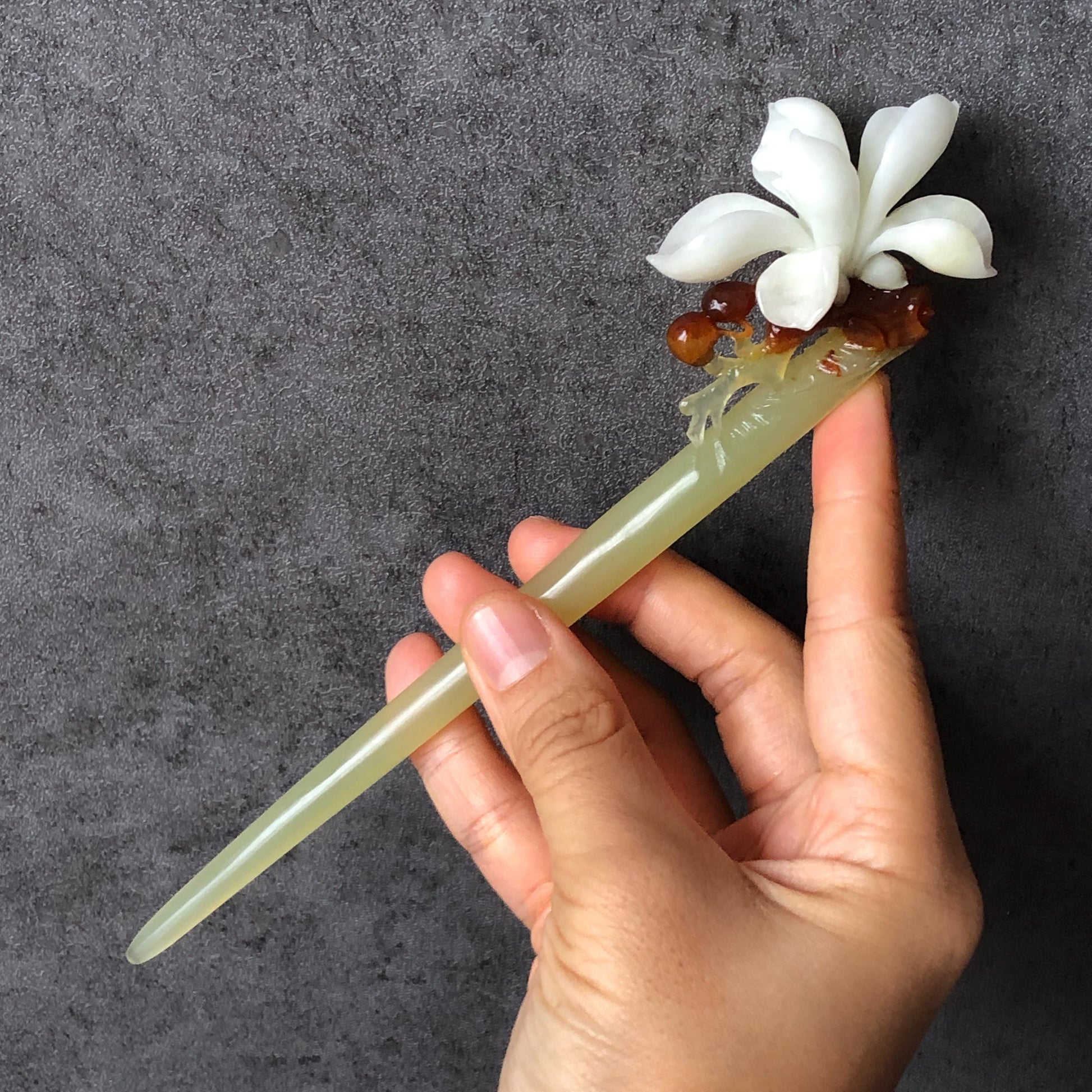 Certificate Natural Xiu Jade (Serpentine) Hand Carved Yulan Magnolia Flower Hair Pin | Jade Hair Stick | 3 colours | Asian Vintage Style