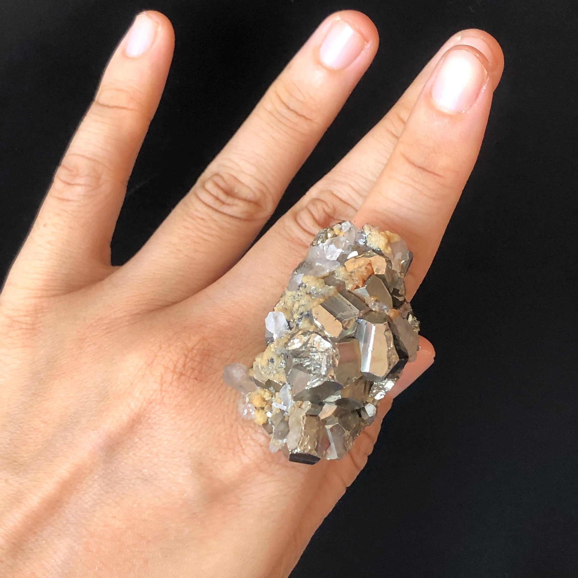 raw pyrite ring with dolomite quartz, Pyrite Gemstone ring, shiny Chunky huge crystal ring, Big large raw stone ring, Huge statement Ring