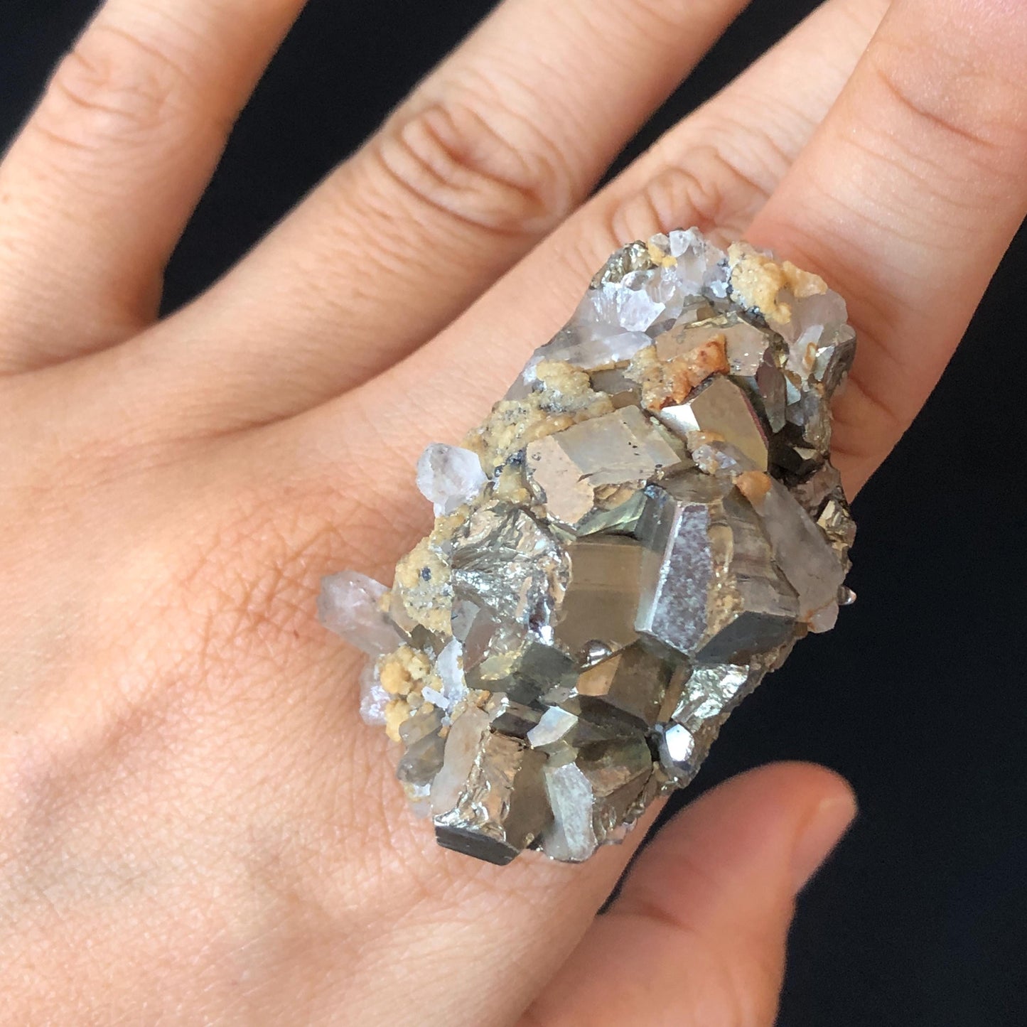 raw pyrite ring with dolomite quartz, Pyrite Gemstone ring, shiny Chunky huge crystal ring, Big large raw stone ring, Huge statement Ring