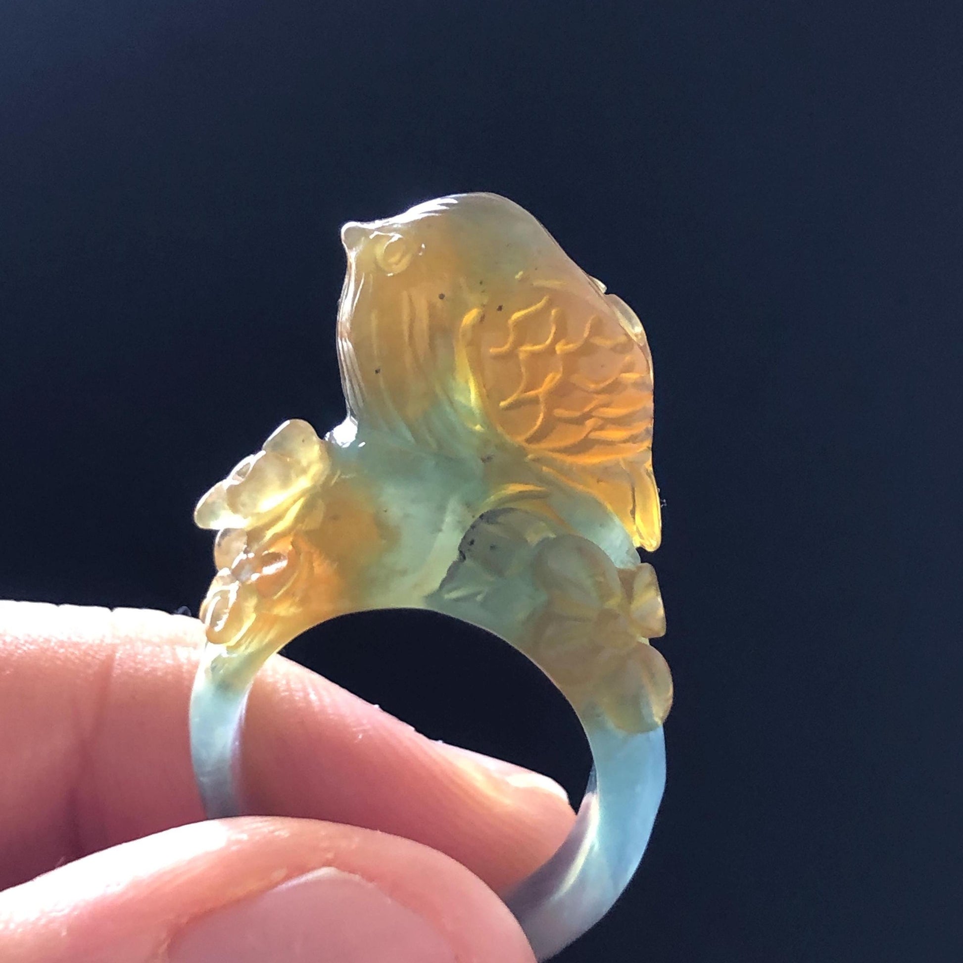 Natural Xiu Jade (Serpentine) Hand Carved Bird and Flower Ring | 16.3mm (US 6) | Icy Blue & Yellow | Stone Crystal Gemstone | Gift for her