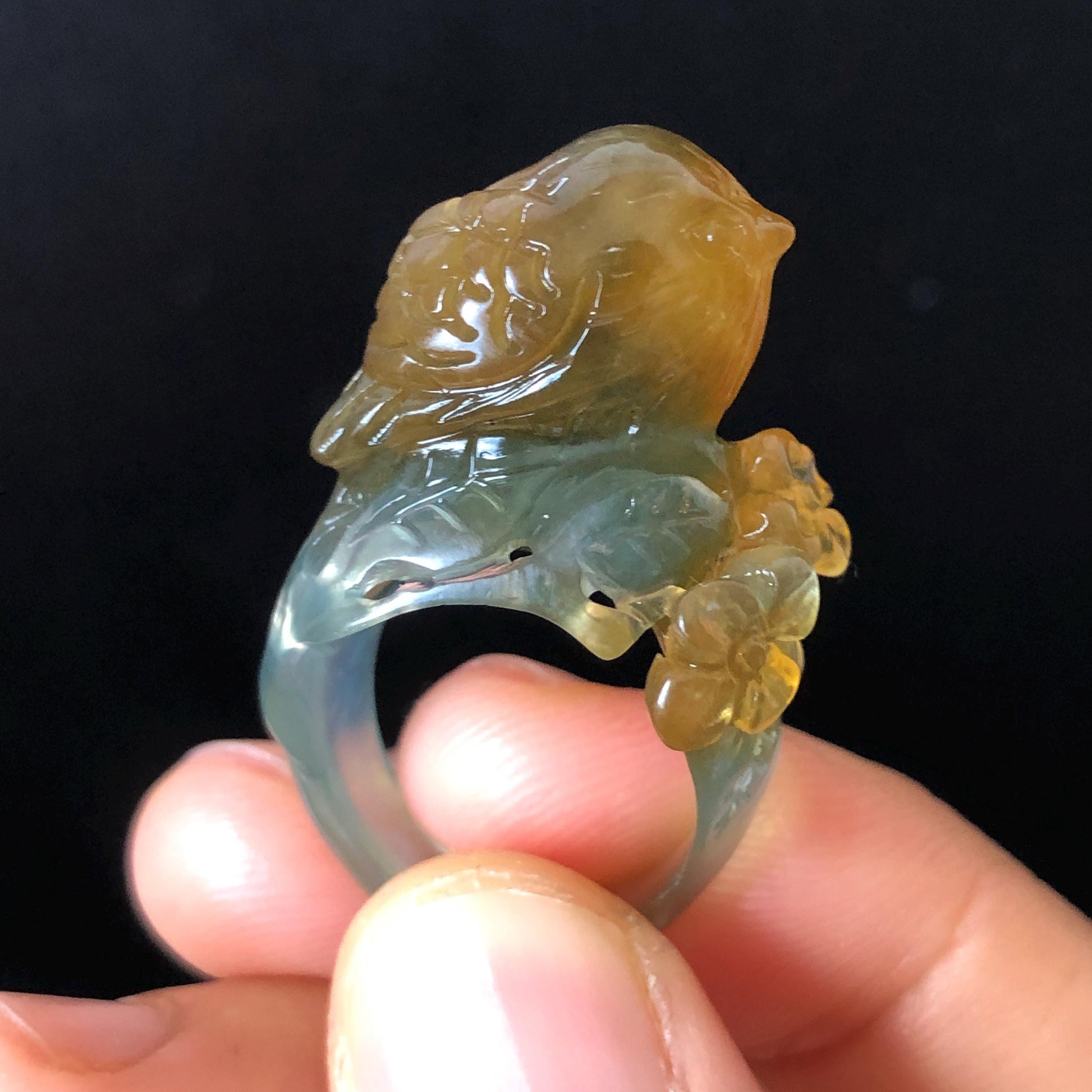 Natural Xiu Jade (Serpentine) Hand Carved Bird and Flower Ring | 16.3mm (US 6) | Icy Blue & Yellow | Stone Crystal Gemstone | Gift for her