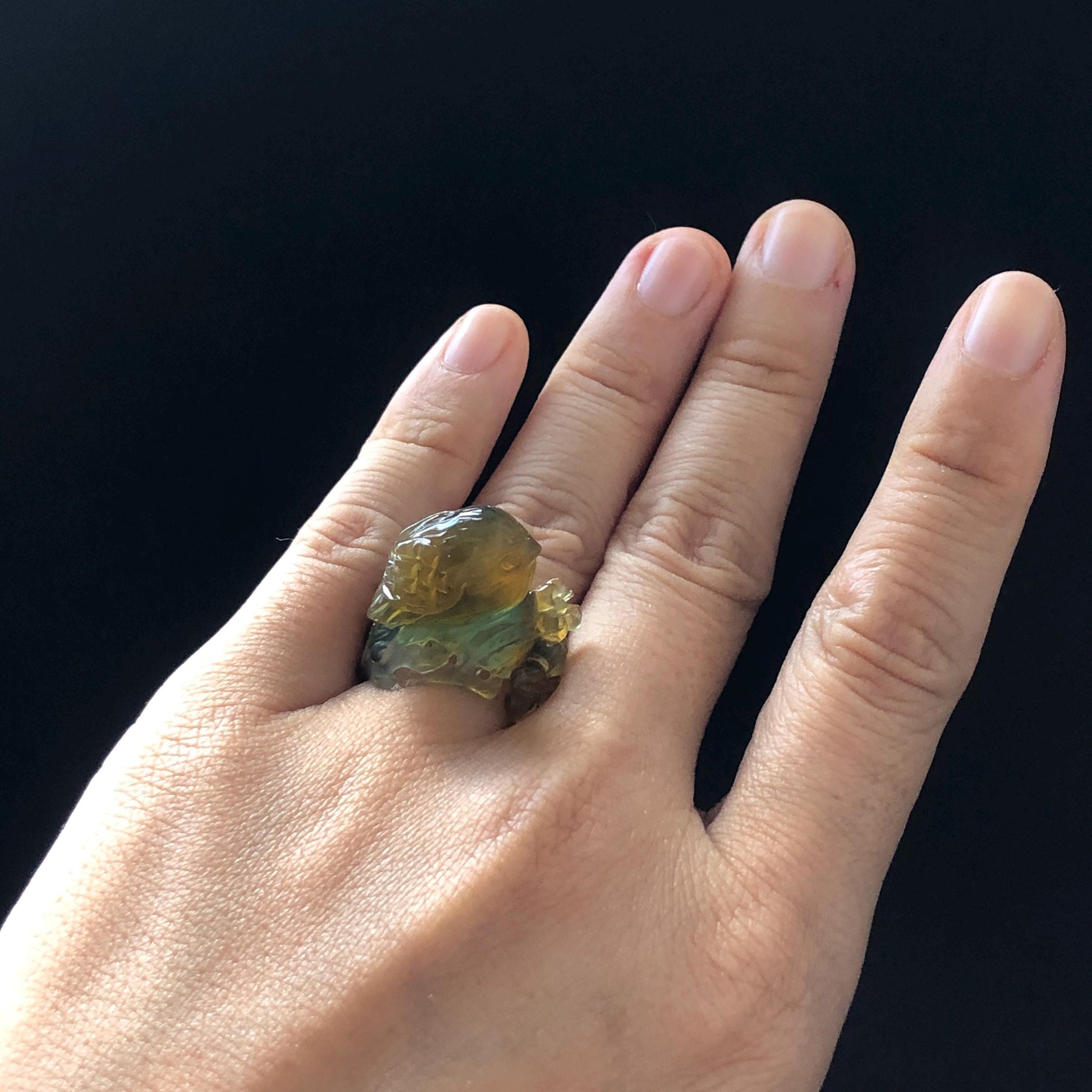 Natural Xiu Jade (Serpentine) Hand Carved Bird and Flower Ring | 16.3mm (US 6) | Icy Blue & Yellow | Stone Crystal Gemstone | Gift for her