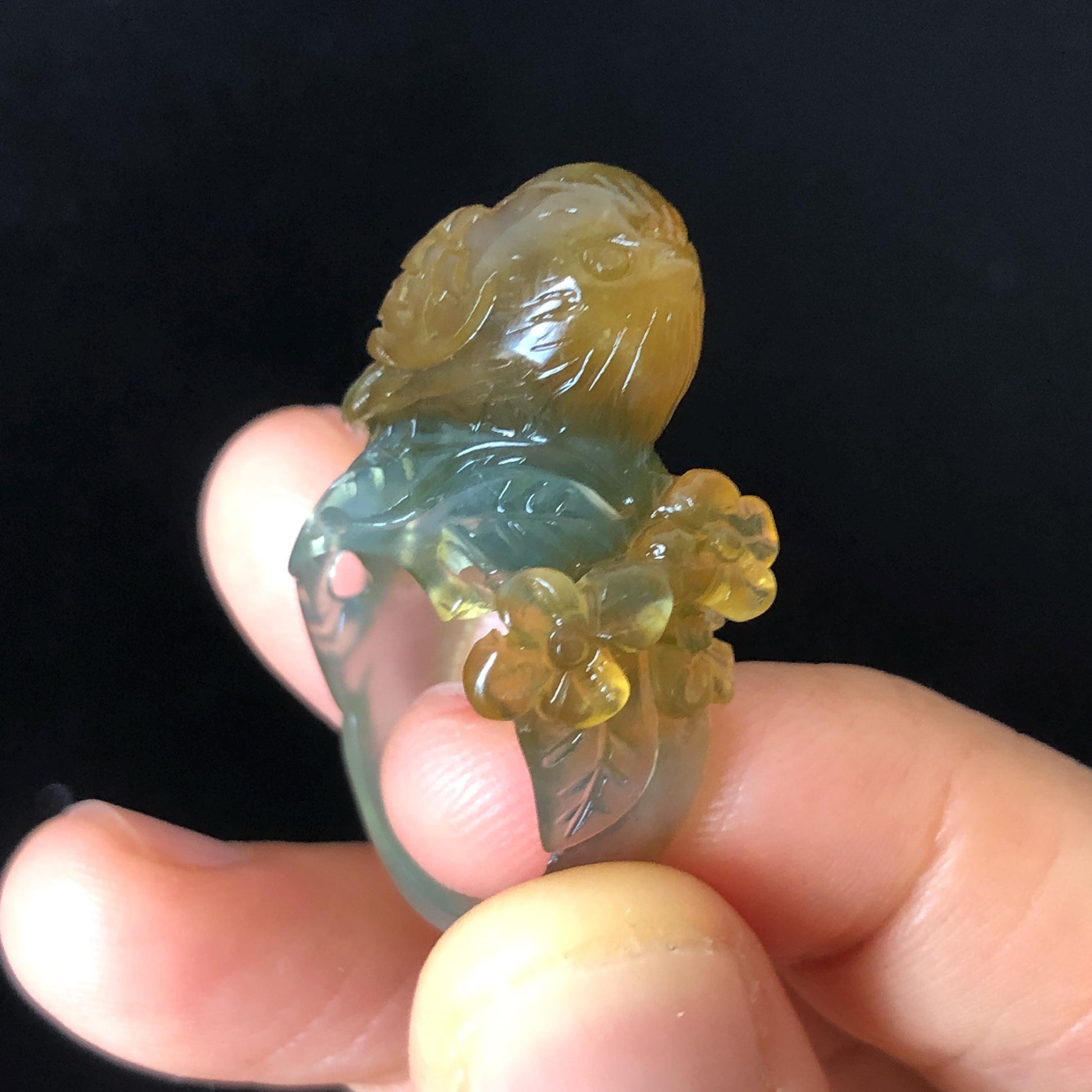 Natural Xiu Jade (Serpentine) Hand Carved Bird and Flower Ring | 16.3mm (US 6) | Icy Blue & Yellow | Stone Crystal Gemstone | Gift for her