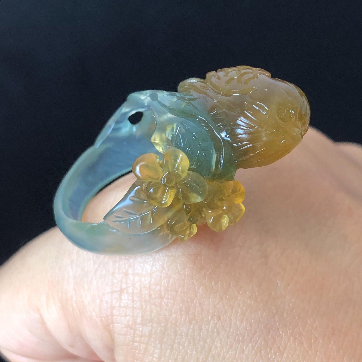 Natural Xiu Jade (Serpentine) Hand Carved Bird and Flower Ring | 16.3mm (US 6) | Icy Blue & Yellow | Stone Crystal Gemstone | Gift for her