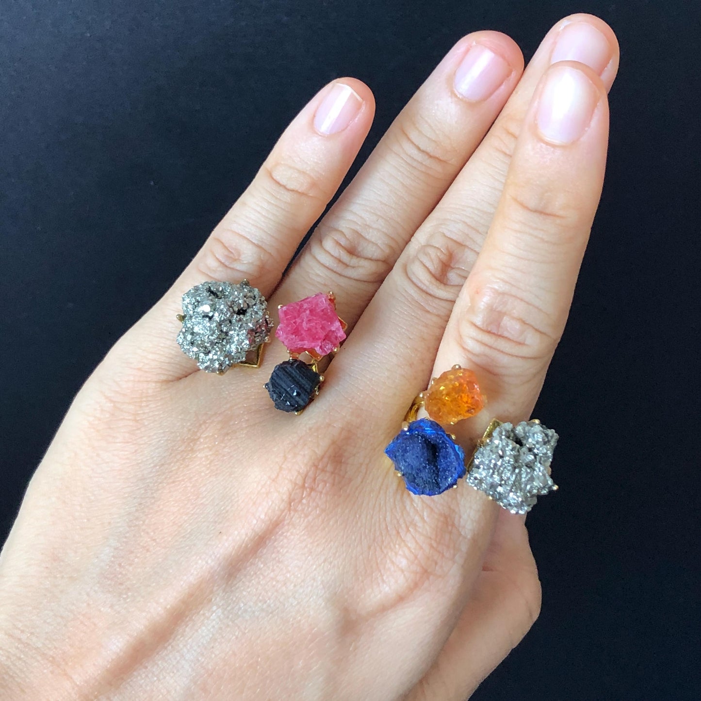 Raw Chalcopyrite, Black Tourmaline, Rhodonite, Citrine, Azurite Crystal Ring | 3 Colours Ring | Adjustable Statement Band Ring | Gemstone