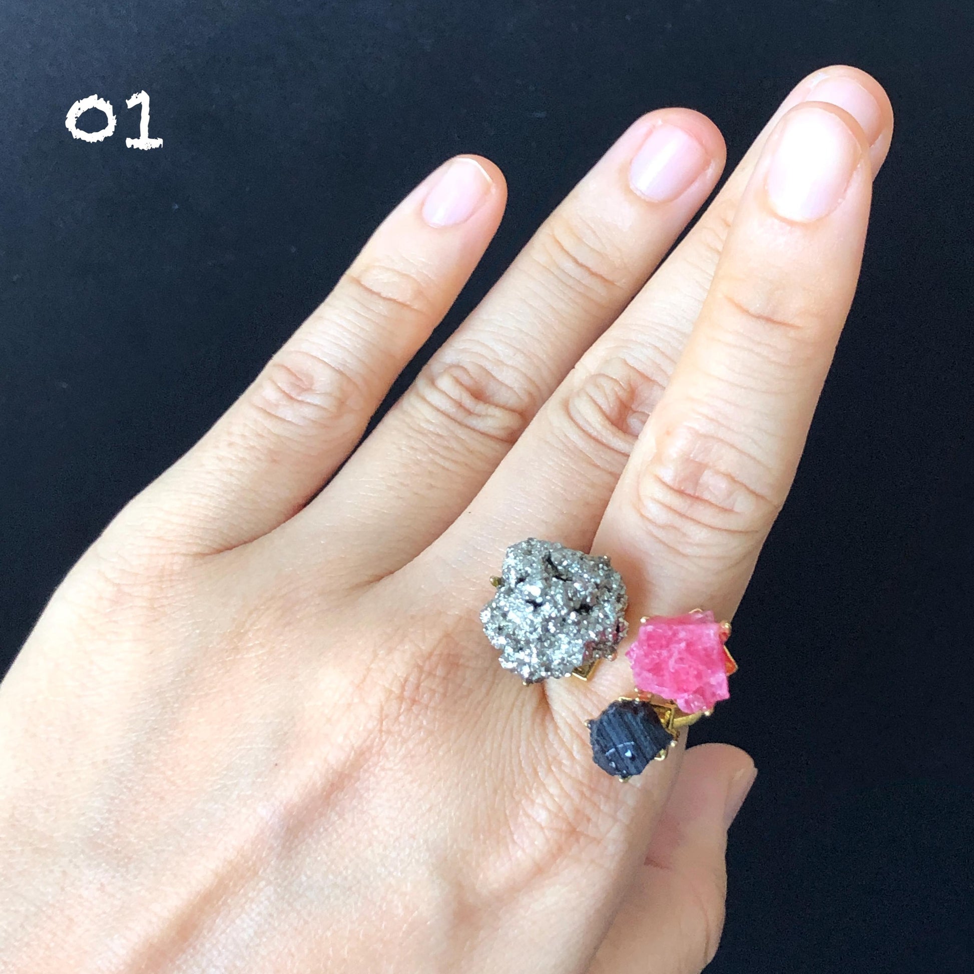 Raw Chalcopyrite, Black Tourmaline, Rhodonite, Citrine, Azurite Crystal Ring | 3 Colours Ring | Adjustable Statement Band Ring | Gemstone