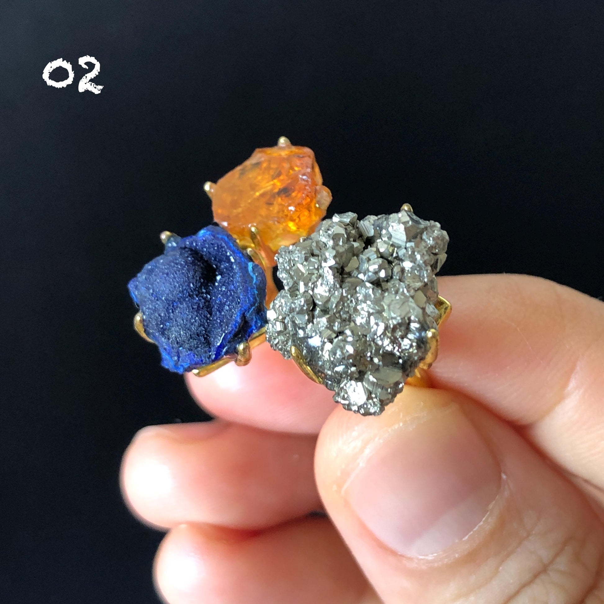 Raw Chalcopyrite, Black Tourmaline, Rhodonite, Citrine, Azurite Crystal Ring | 3 Colours Ring | Adjustable Statement Band Ring | Gemstone