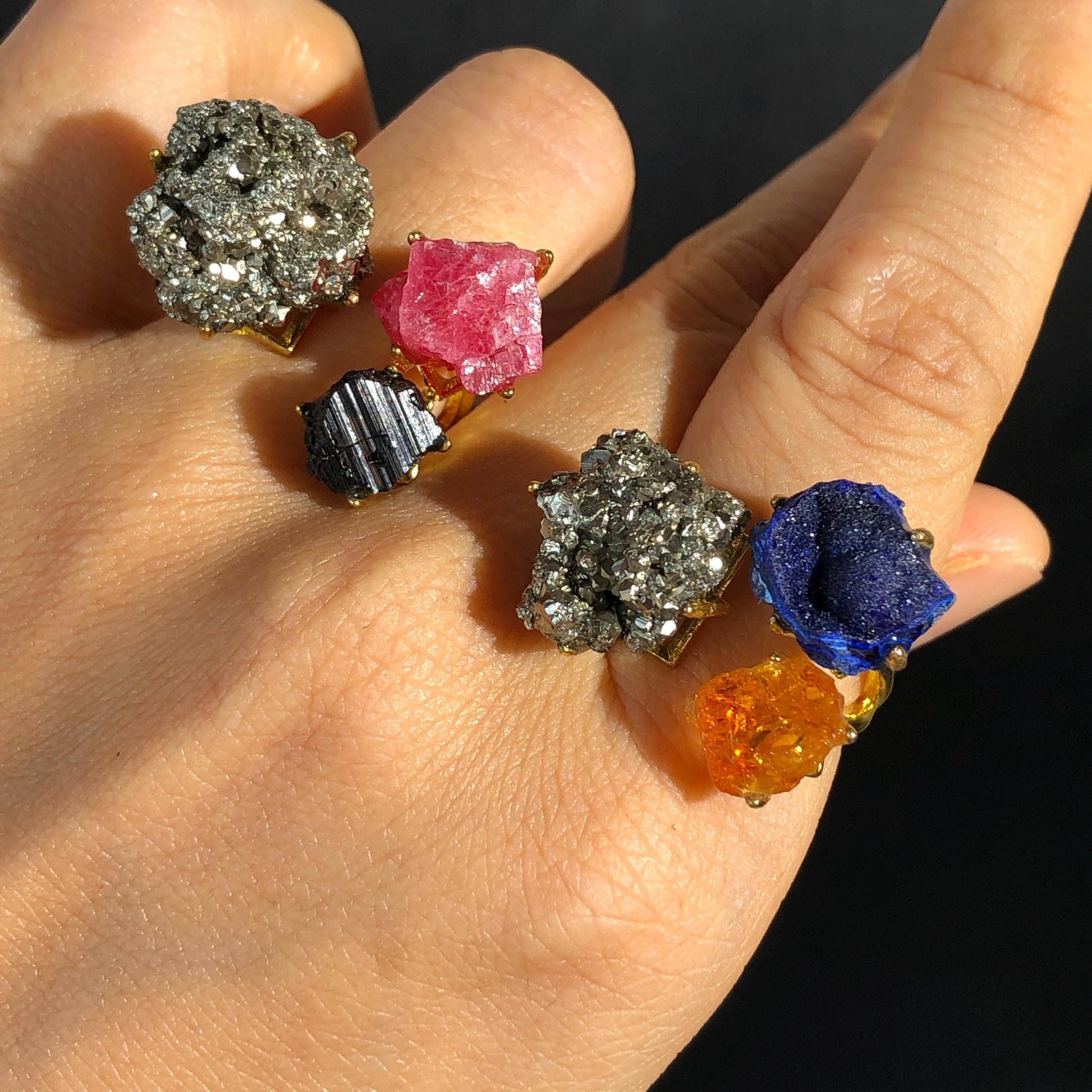 Raw Chalcopyrite, Black Tourmaline, Rhodonite, Citrine, Azurite Crystal Ring | 3 Colours Ring | Adjustable Statement Band Ring | Gemstone