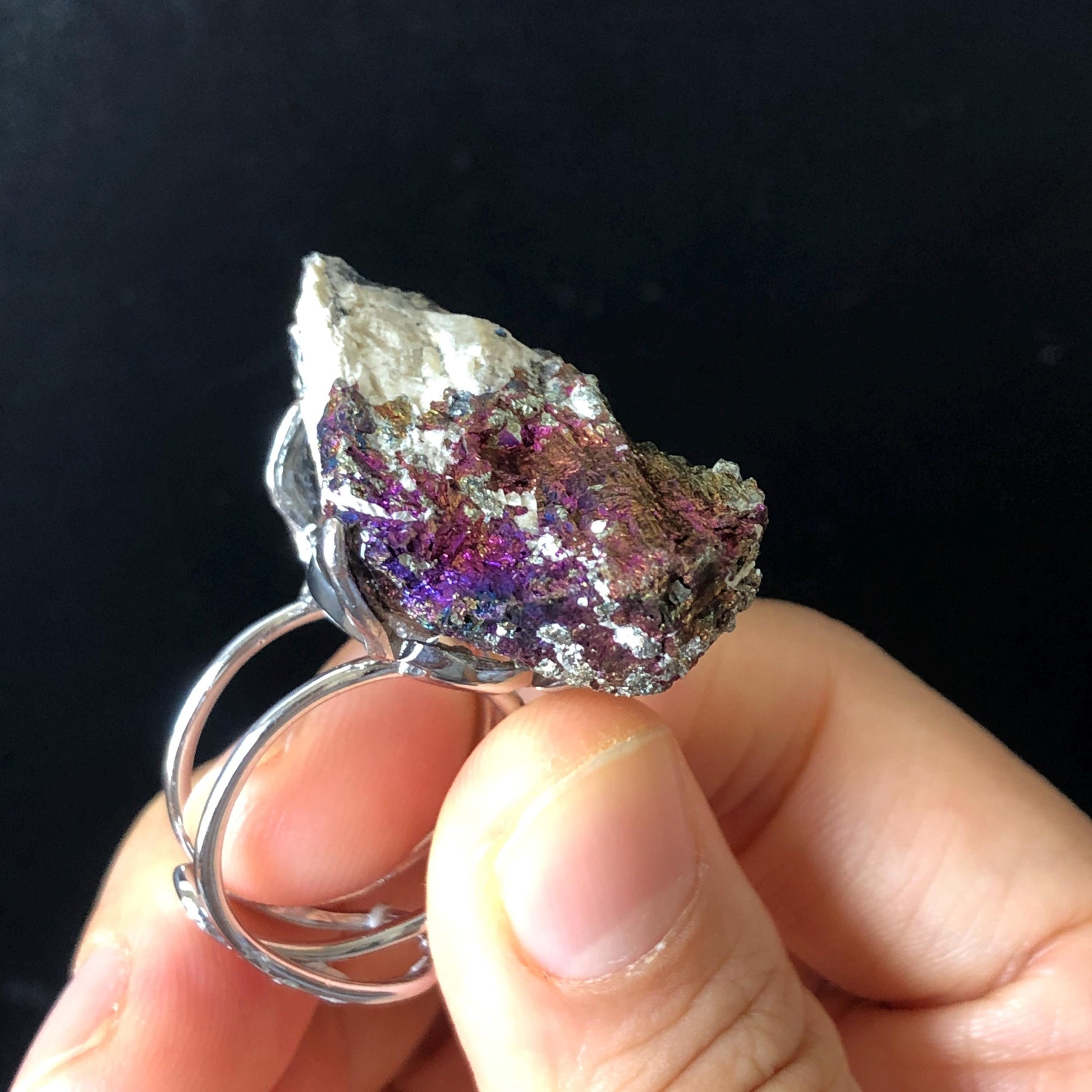 Raw Rainbow Bornite Ring, Peacock Ore, Transformation Stone, Large Raw Stone Ring Big Crystal Ring, Raw Mineral Ring, Chunky Irregular ring, silver-plated copper ring, adjustable band ring, huge cocktail ring, Extra Large Statement Ring, Birthstone