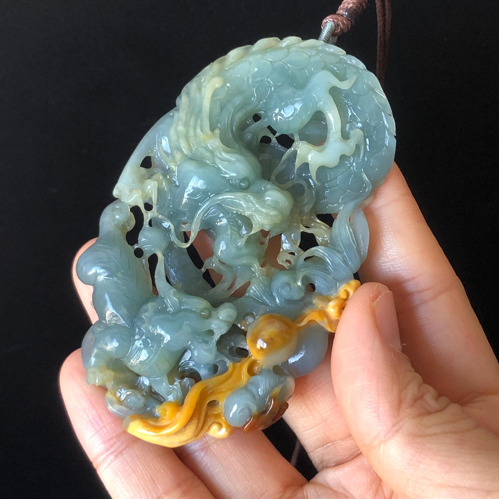 Certificate Natural Xiu Jade (Serpentine) Hand Dragon and Pixiu Pendant Adjustable Necklace Choker | Greenish Blue Yellow | Power & Wealth