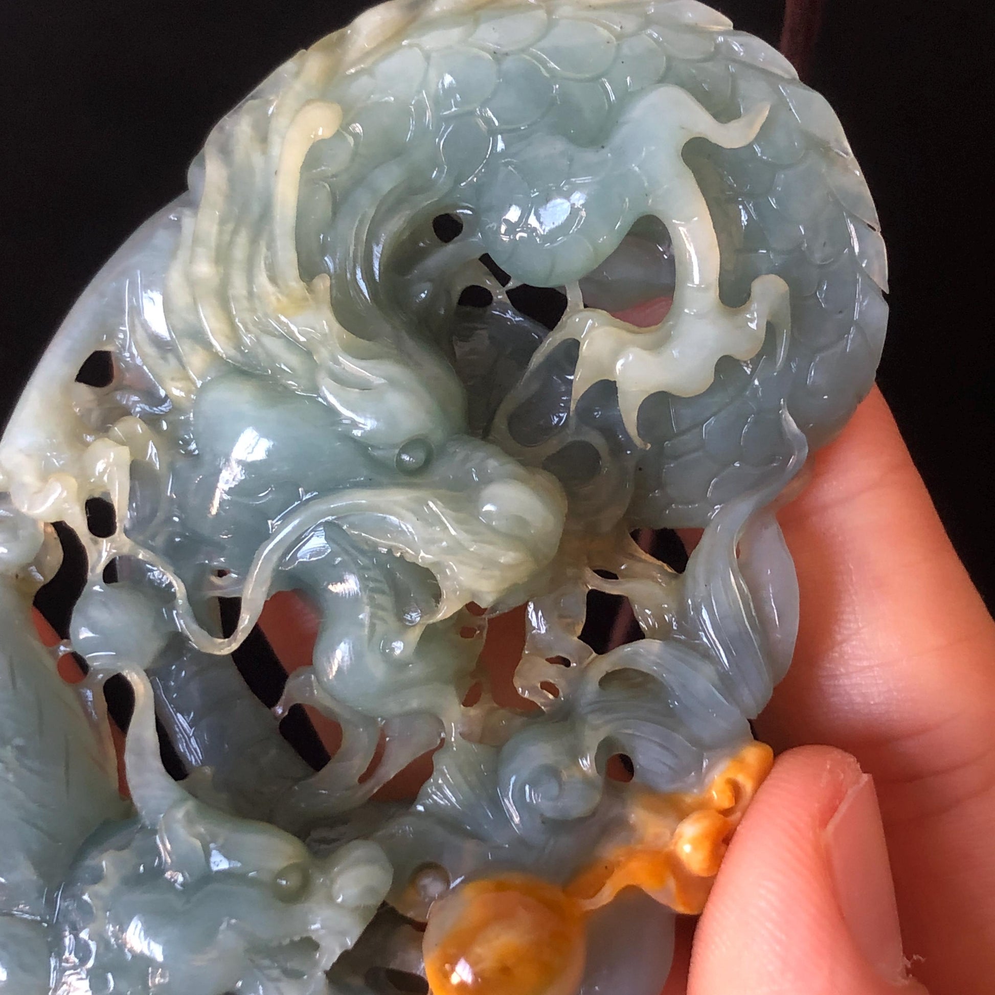 Certificate Natural Xiu Jade (Serpentine) Hand Dragon and Pixiu Pendant Adjustable Necklace Choker | Greenish Blue Yellow | Power & Wealth