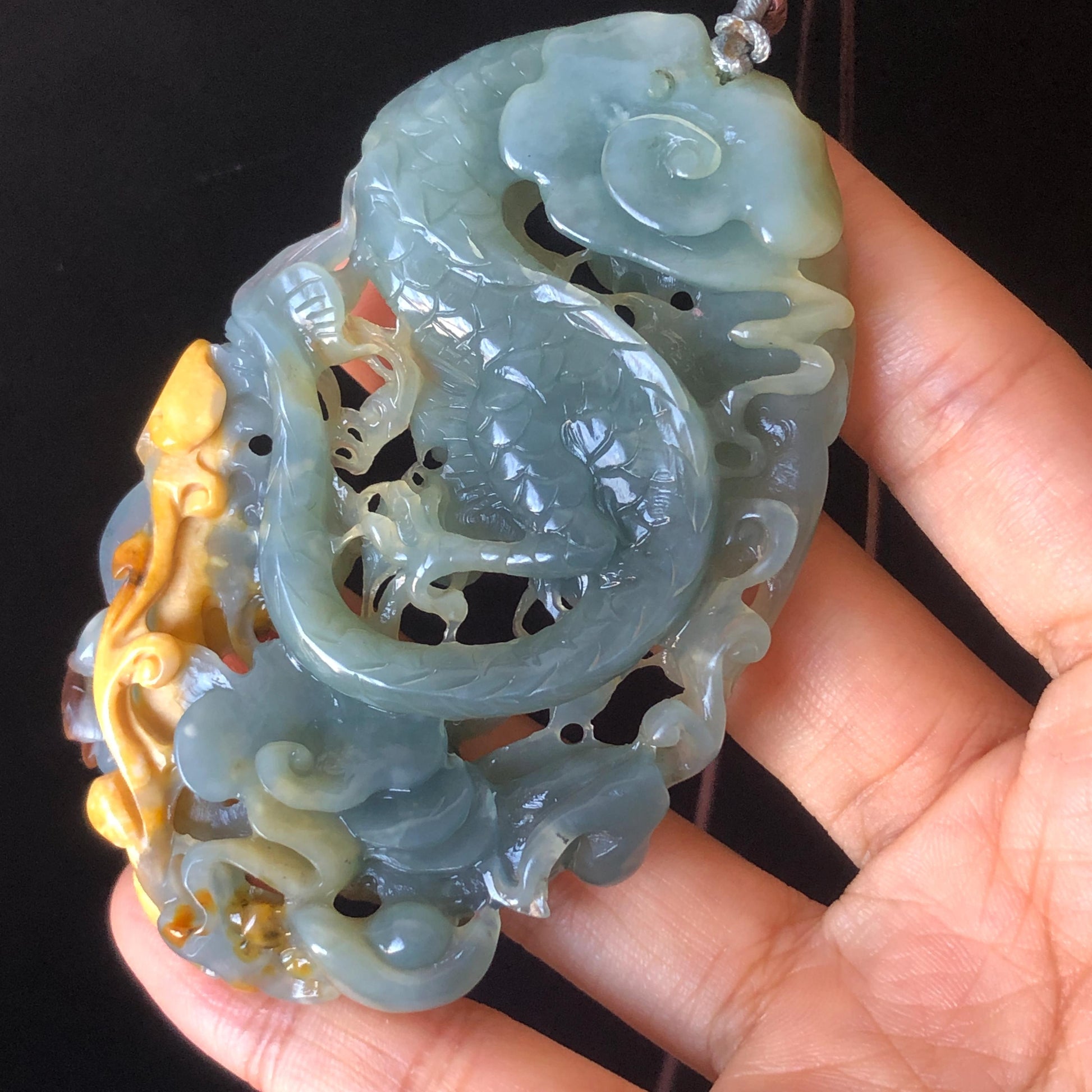 Certificate Natural Xiu Jade (Serpentine) Hand Dragon and Pixiu Pendant Adjustable Necklace Choker | Greenish Blue Yellow | Power & Wealth