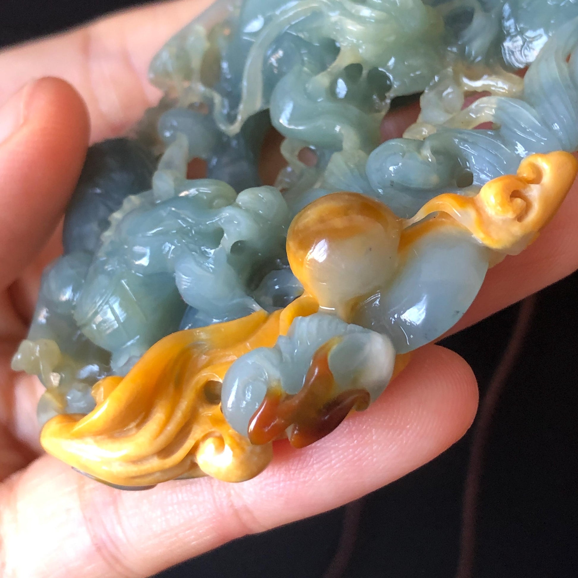 Certificate Natural Xiu Jade (Serpentine) Hand Dragon and Pixiu Pendant Adjustable Necklace Choker | Greenish Blue Yellow | Power & Wealth