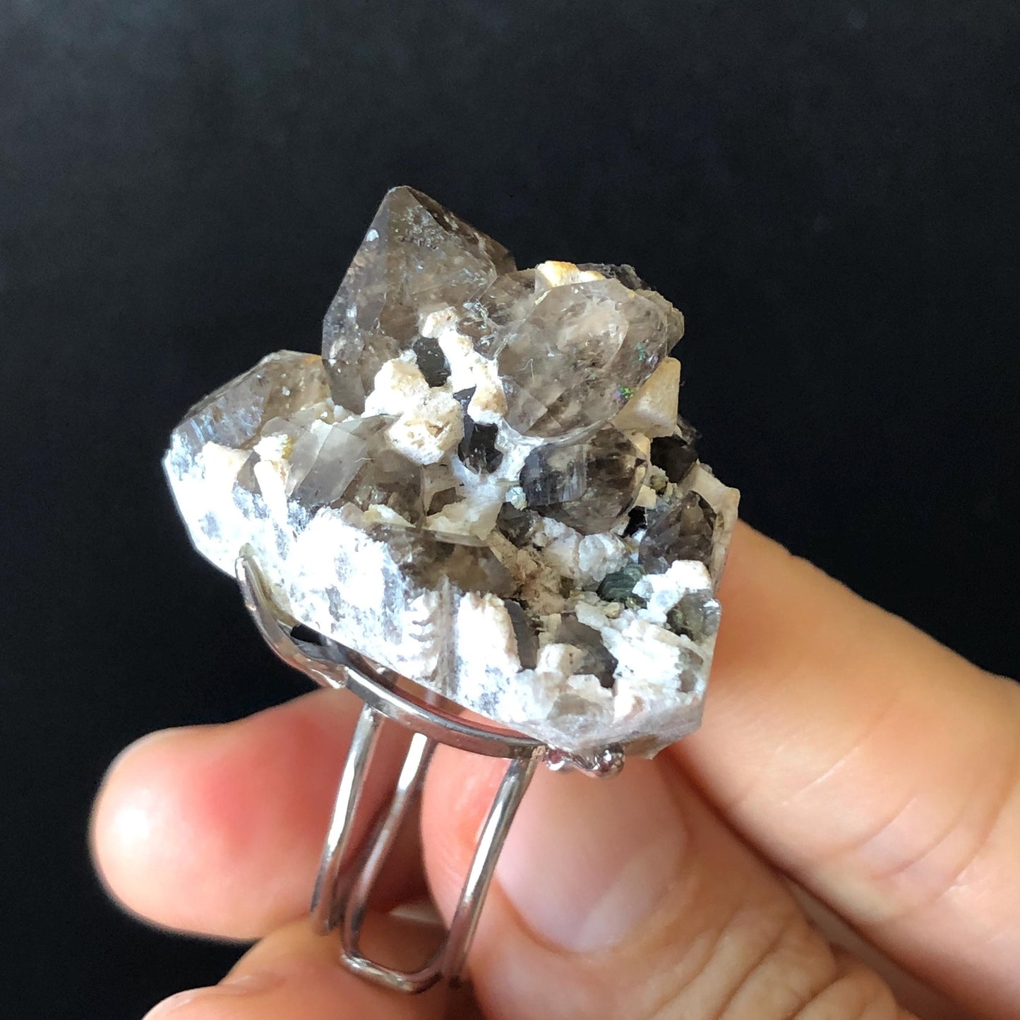 Smoky Quartz Feldspar Ring, silver-plated copper ring, Icy Grey Stone, Adjustable Statement Band Ring, Root Chakras, June Birthstone, Capricorn Sign, chunky raw crystal ring, irregular ring for men and women,  raw mineral ring, birthstone ring